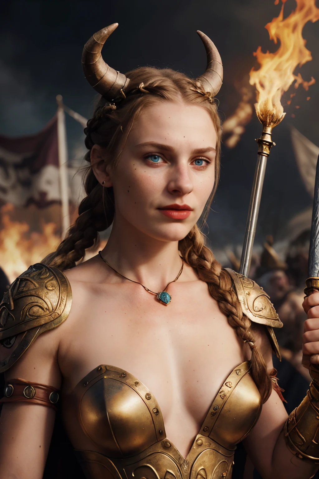 Viking warrior princess, 18 years old, long braids with golden beads, ample cleavage, gaze fixed on the viewer, fair complexion, piercing blue eyes, red lipstick, intricately designed armor, chest bared, holding a mug of mead, chestnut flecks in her hair, jewel-encrusted torc around her neck, joyfully flirting with the camera, victorious expression, high-definition realism, signature horned helmet tilting slightly, celebrating her victory amongst her jubilant warriors, battleground atmosphere with fire and banners in the background, capturing the essence of triumph and strength.
