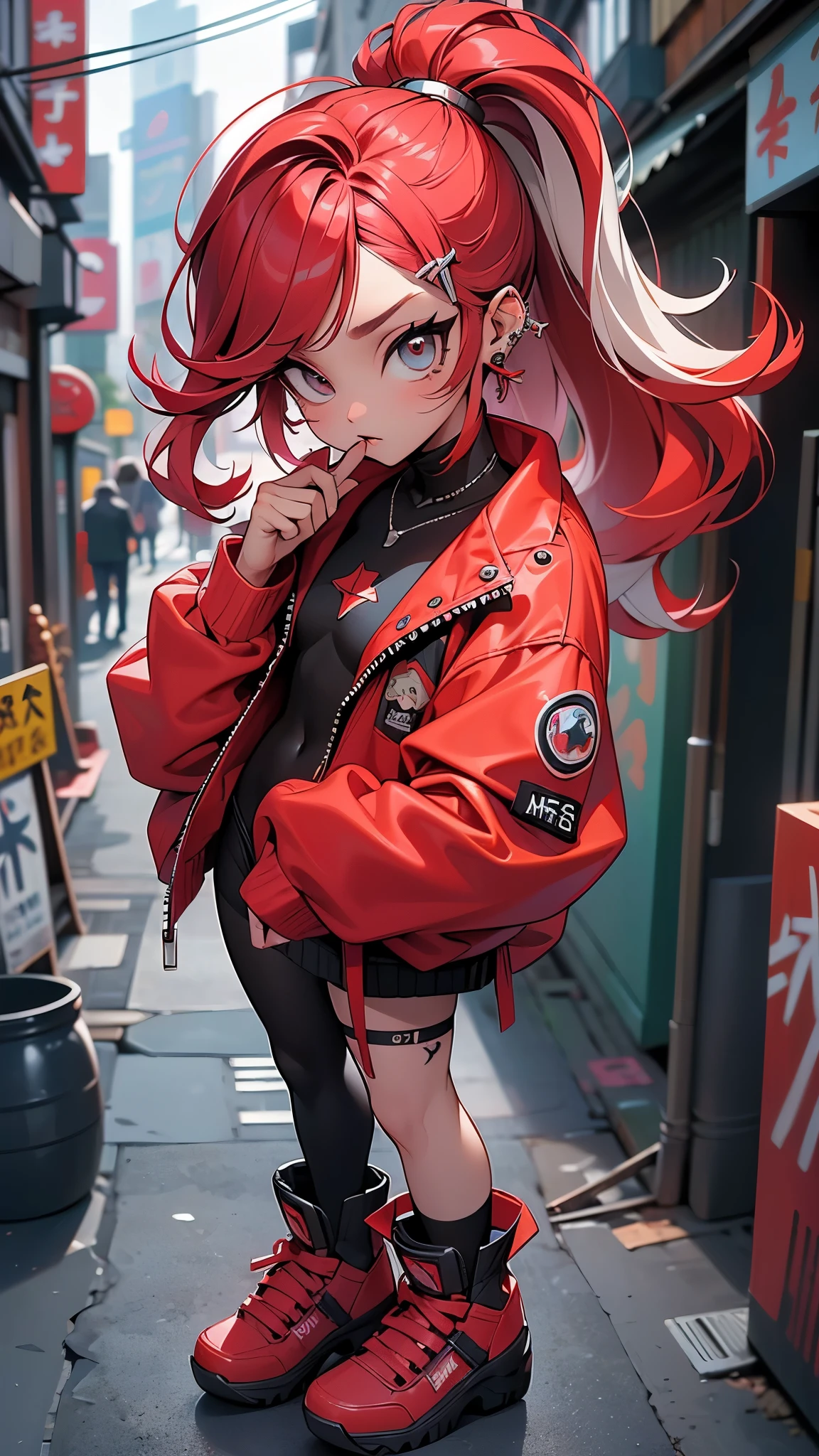 (La mejor calidad,A high resolution,Ultra - detallado,actual),Ariana Grande pechos medianos, leotard,( leotardo rojo con detalles en blanco:1.4) , sin mangas, Diafragma, piernas desnudas, botas, matching botas, esposas, (Tokyo city alley backdrop :1.4) , solo, Soltero, de pie, Toma de medio cuerpo , tiro de vaquero, (ojos hermosos rojos:1.4) , pelo medio, (Super Hero) , brillo, Encendiendo, light particles, More detailed 8K.motor irreal:1.4,HD,La mejor calidad:1.4, fotorrealista:1.4, textura de la piel:1.4, obra maestra:1.8,obra maestra, mejor calidad,objeto Objeto], (rasgos faciales detallados:1.3),(Las proporciones correctas),  (pose vaquero),( dedos detailed:1.4), ( ciberpunk 2.1),( estilo kawaii :1.4), (Cabello largo rojo kawaii :1.4) 