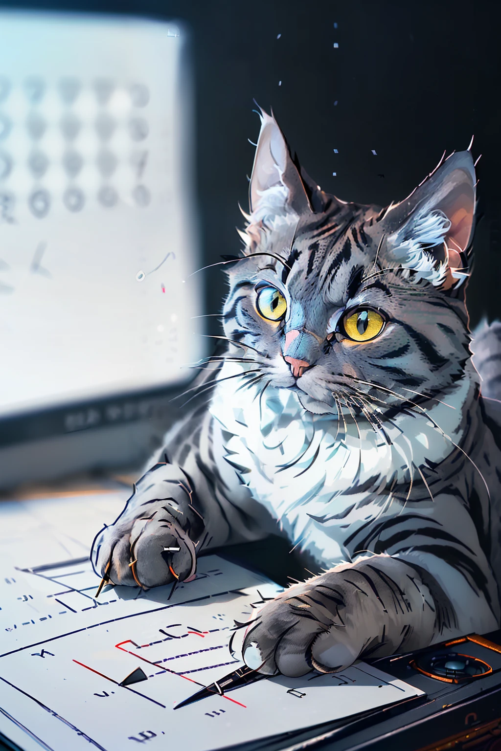 (maine cat, gray: 1.3), (Doing math problems: 1.5), (Film photography session: 1.2), (85mm focal length: 1.4), (A lot of digital equipment: 1.7),
(Sharp cat features: 1.4), (Masterfully captured on film: 1.6), (Manipulating numbers with pen and paper: 1.3), (Classic photography technique: 1.1),
(Detailed cat fur texture: 1.5), (Bokeh effect from the 85mm lens: 1.4), (F-stop number adjustment: 1