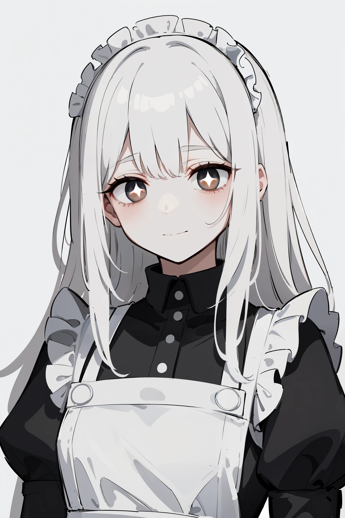(masterpiece, best quality, ultra high quality, by quan, sketch:1.1), ((portrait)), 1girl, solo, young with long hair white hair, straight hair, blunt bangs, ((glowing eyes, pale gray eyes, white pupils)), (tired, bags under eyes:1.2), small breasts, flat chest, neutral, innexpressive, small smile, v-shape smile, curvy smile, :>, white and black dress, maid, white apron, upper body, standing, hands behind back, isometric lightning, white background, simple background