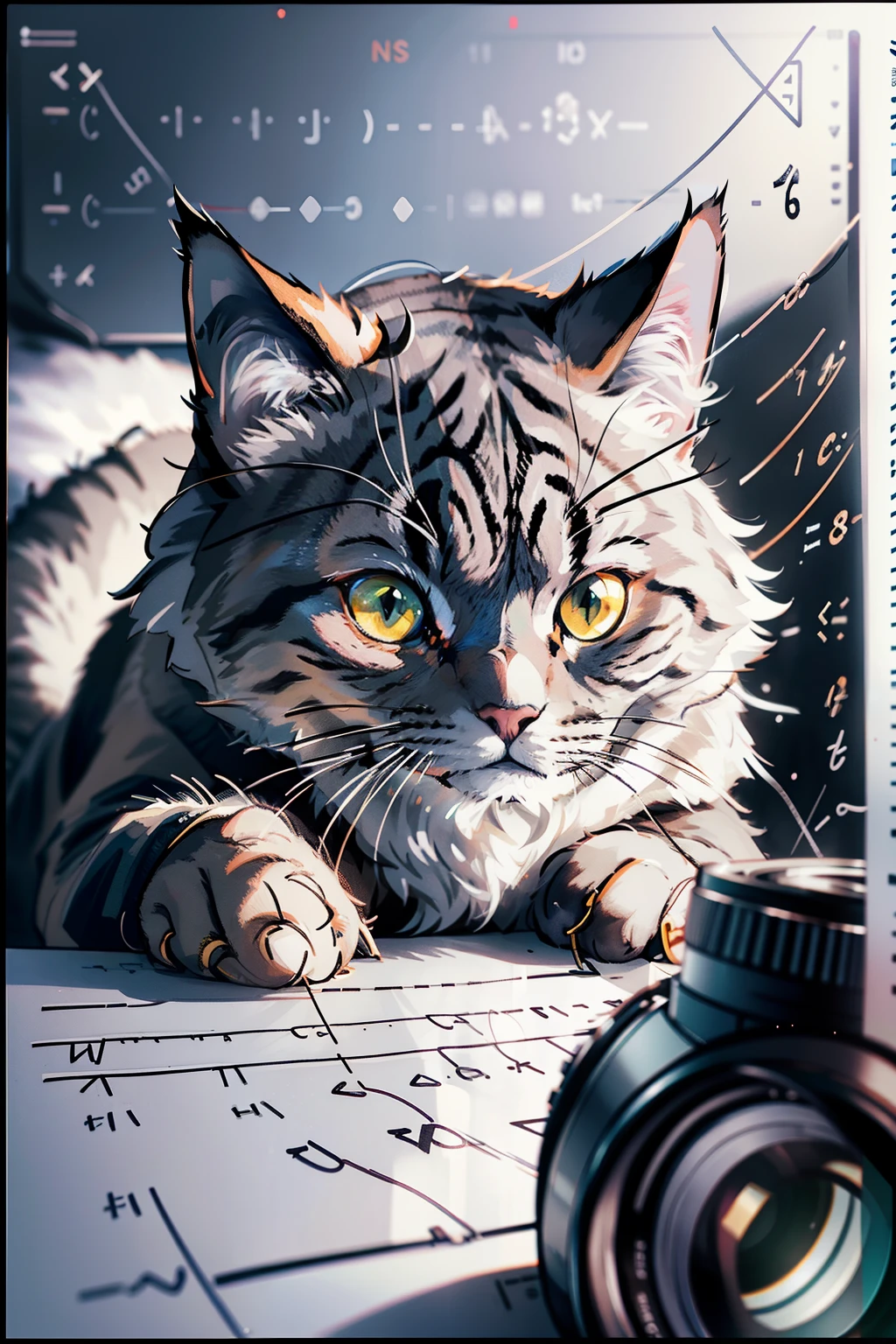 (maine cat, gray: 1.3), (Doing math problems: 1.5), (Film photography session: 1.2), (85mm focal length: 1.4), (A lot of digital equipment: 1.7),
(Sharp cat features: 1.4), (Masterfully captured on film: 1.6), (Manipulating numbers with pen and paper: 1.3), (Classic photography technique: 1.1),
(Detailed cat fur texture: 1.5), (Bokeh effect from the 85mm lens: 1.4), (F-stop number adjustment: 1