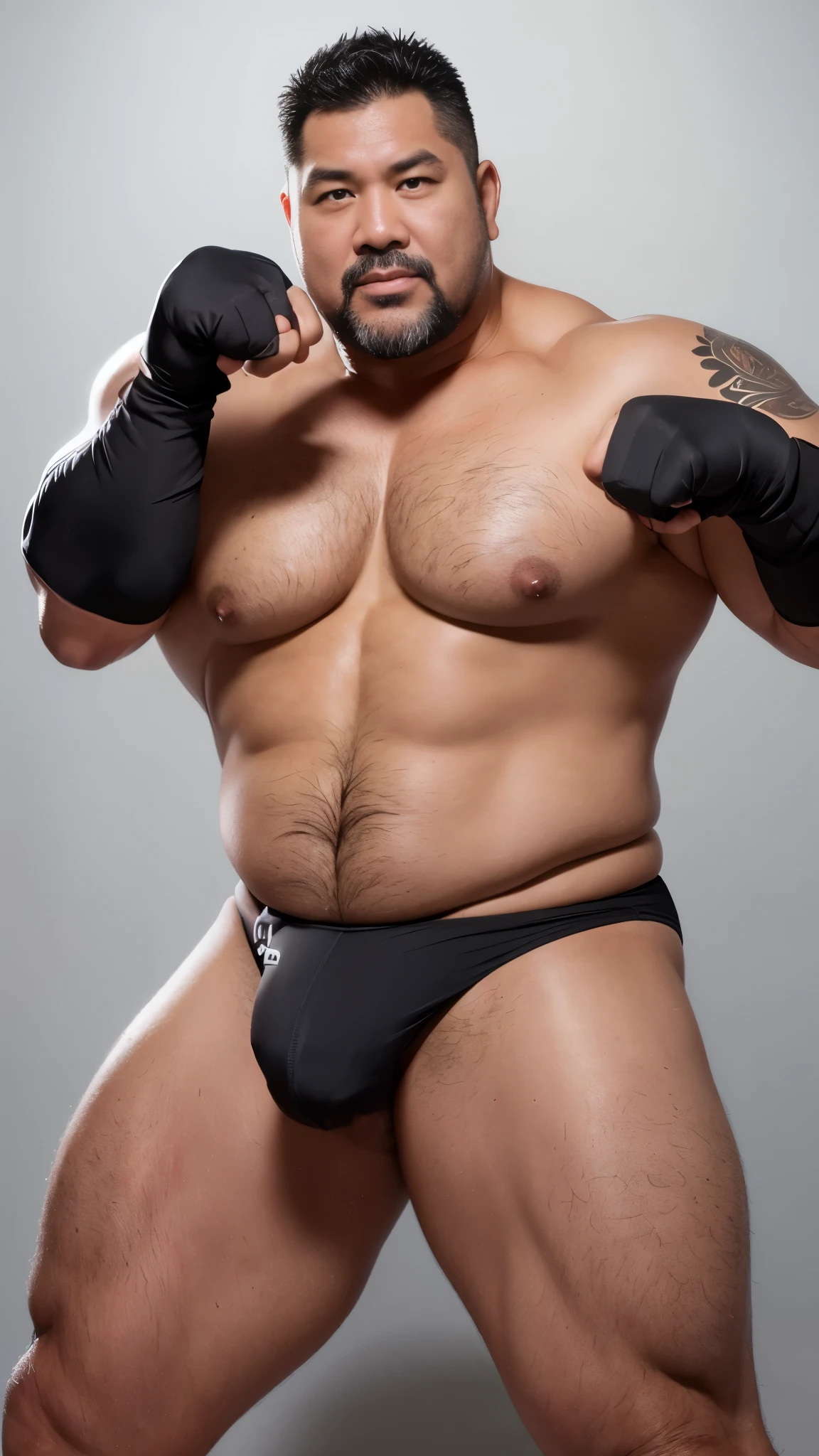 black hair, middle-aged man, individual, male, Muscular wrestler, muscular, Stout wrestler, Asian, Japanese, uncle, 55 year old middle-aged man, short hair, short hair, white wrestling boots, full body portrait, shadow, Vision, white briefs, obesity, 45 years old, short beard, middle-aged man, tattoo, fingerless gloves, Wheat skin, shiny skin, dark skin, Show your pectoral muscles, sumo wrestler, bodybuilder, wide temples, Visible abdominal muscles, Smile, Fine hands, solid color background, pure white background, kneepad, black knee pads, Surrealism, Panorama, 8k, super detail,black kneepad,(kneepad :4)