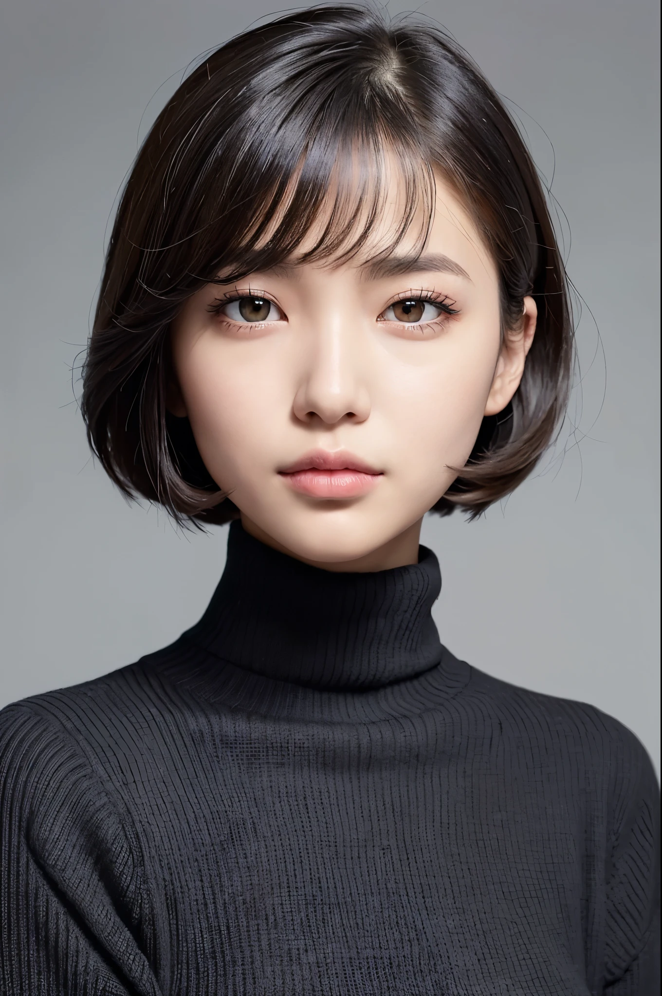 (masterpiece, best image quality, high quality, High resolution, Realistic:1.2), (bright lighting, professional lighting), one woman, realistic skin, fine skin, beautiful skin, tall, muscular body, (black hair, bowl cut, lash extensions, thin eyebrows, detailed eyebrows, detailed eyes, black eyes, careful eye drawing, (Drooping eyes:1.2), looking at viewer, cute, embarrassed:1.2), (Lean upper body:1.2), mortar wall, (black chunky turtleneck sweater:1.3), A gentle smile, A little tooth is visible, upper body shot