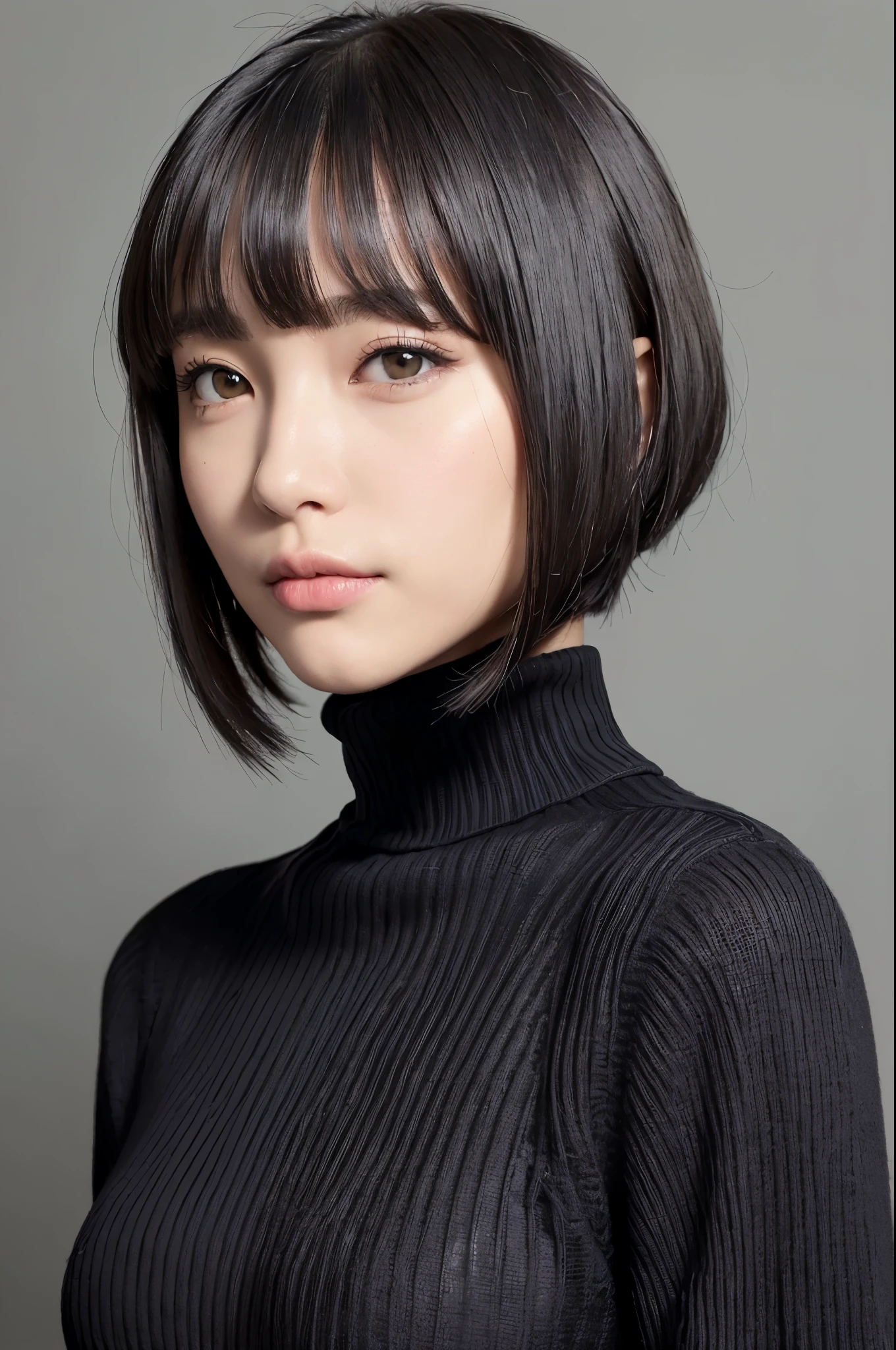 (masterpiece, best image quality, high quality, High resolution, Realistic:1.2), (bright lighting, professional lighting), one woman, realistic skin, fine skin, beautiful skin, tall, muscular body, (black hair, bowl cut, lash extensions, detailed eyes, black eyes, careful eye drawing, Drooping eyes, looking at viewer, cute, embarrassed:1.2), (Lean upper body:1.2), mortar wall, (black chunky turtleneck sweater:1.3), A gentle smile, A little tooth is visible, upper body shot