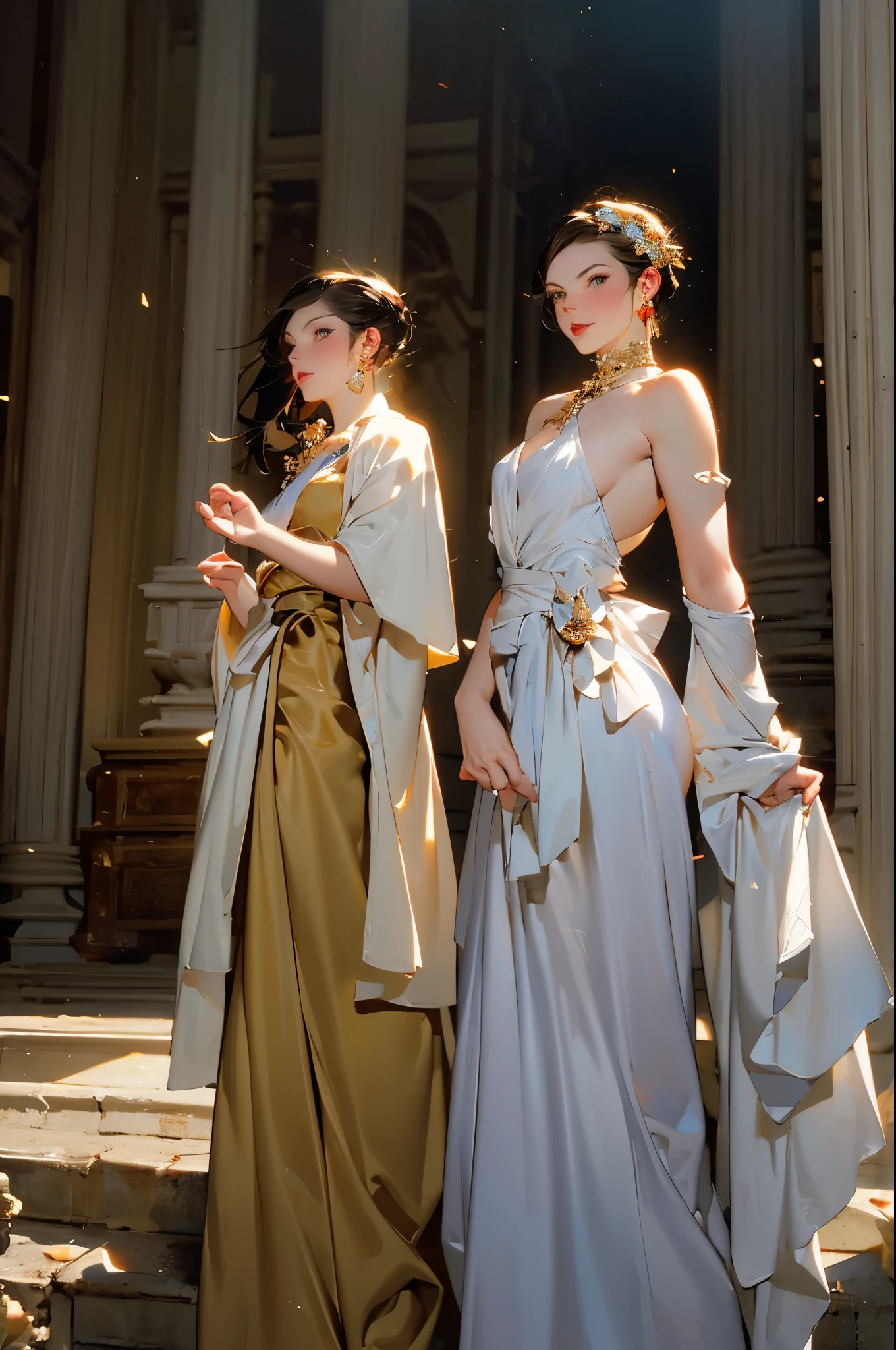 depicts Lucia, Princess of the Ancient Roman Empire,,Danish actress Connie Nelson(Connie Nielsen)Play,She was the daughter of the ancient Roman emperor Marcus Aurelius,Commodus's younger sister。After the death of her husband,She lives with her son。dark brown hair,With exquisite necklace,exquisite earrings,She was 35 years old,Dress up in a gorgeous and sexy evening dress,Stand in the Colosseum,be interviewed,,Photo taken in 2001,8k, HD, Detailed face, delicate eyes,surreal, + movie shot + dynamic composition, Very detailed, sharpen, ish, warm light, Light effect, dramatic light, (intricate details:1.1), complex background, (Greg Rutkowsky:0.8), (teal and orange:0.4),correct anatomy,