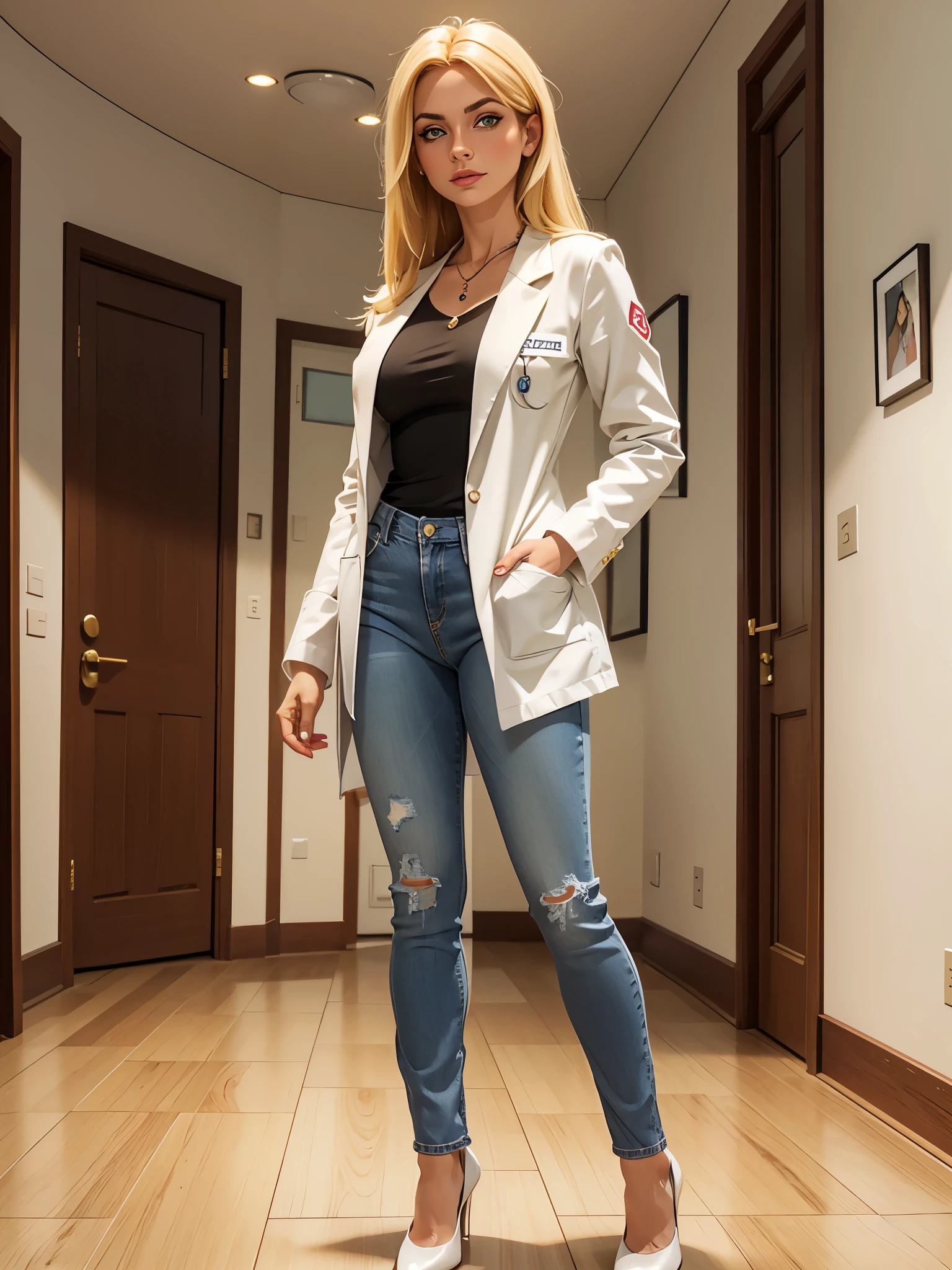 Create a 32-year-old Romanian woman, hermosa, delgada, de ojos verdes, rubia y tez muy clara, dressed in a white doctor's coat, jeans, tacones y anteojos, en el hall de un edificio corporativo