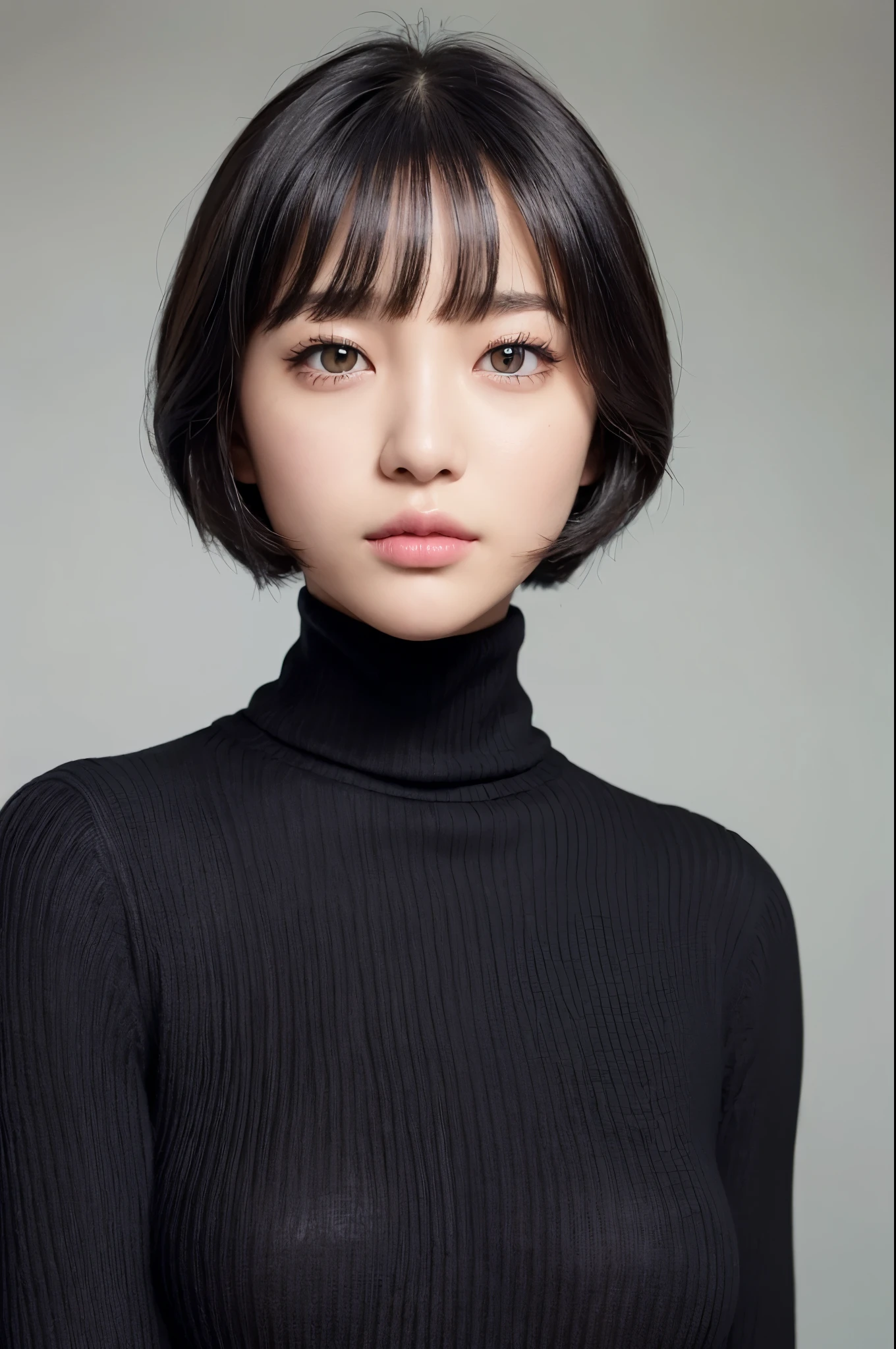 (masterpiece, best image quality, high quality, High resolution, Realistic:1.2), (bright lighting, professional lighting), one woman, realistic skin, fine skin, beautiful skin, tall, muscular body, (black hair, bowl cut, lash extensions, detailed eyes, black eyes, careful eye drawing, looking at viewer, cute, embarrassed:1.2), (Lean upper body:1.2), mortar wall, (black thick turtleneck sweater:1.3), A gentle smile, A little tooth is visible, upper body shot