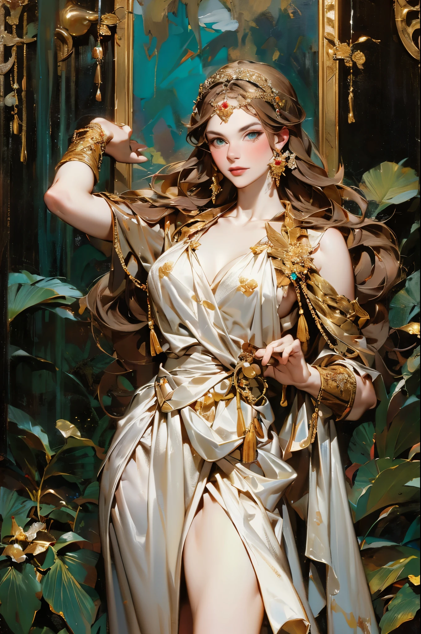 1girl huge large breasts,Greek goddess,Vi delicate and beautiful face,golden hair,Various hairstyles,Garland crown,voluptuous breasts,Convex buttocks,greek clothes,Tulle covers the breasts,perfectly proportioned, Detailed clothing details,Temple,marble,god statue,World Tree,Cinematic lighting, filmgrain, Fujicolor, lightand shade contrast, 8K, 巨作, Textured skin, Super detail, high detailing, High quality, A high resolution,