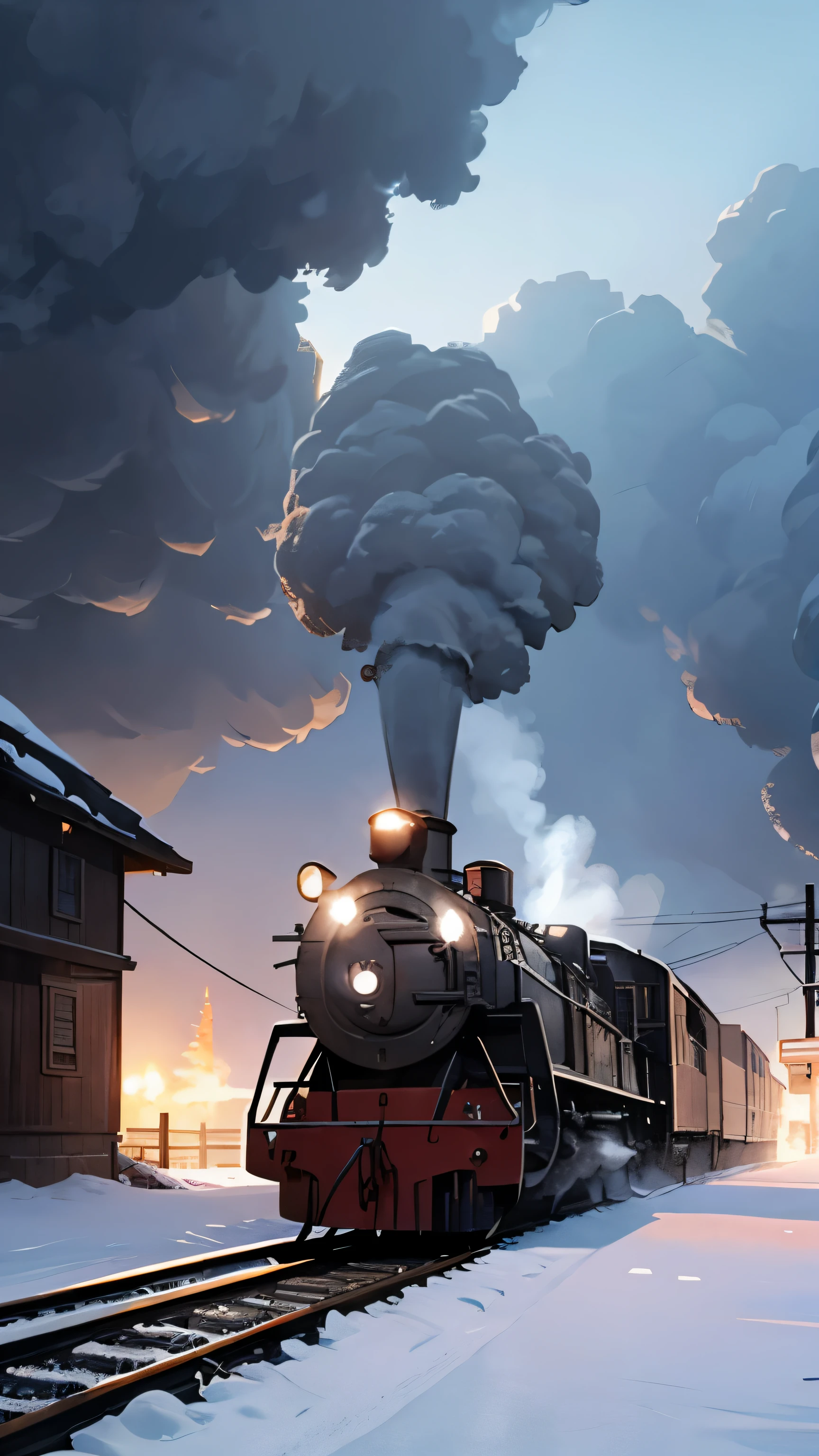 Smoke coming from locomotive center、headlight、native village、A cinematic scene、by Ghibli Studio、midynight、It snowed heavily、Snow blowing、snow cover、bigger、On the table,Best quality at best,Sketch style、