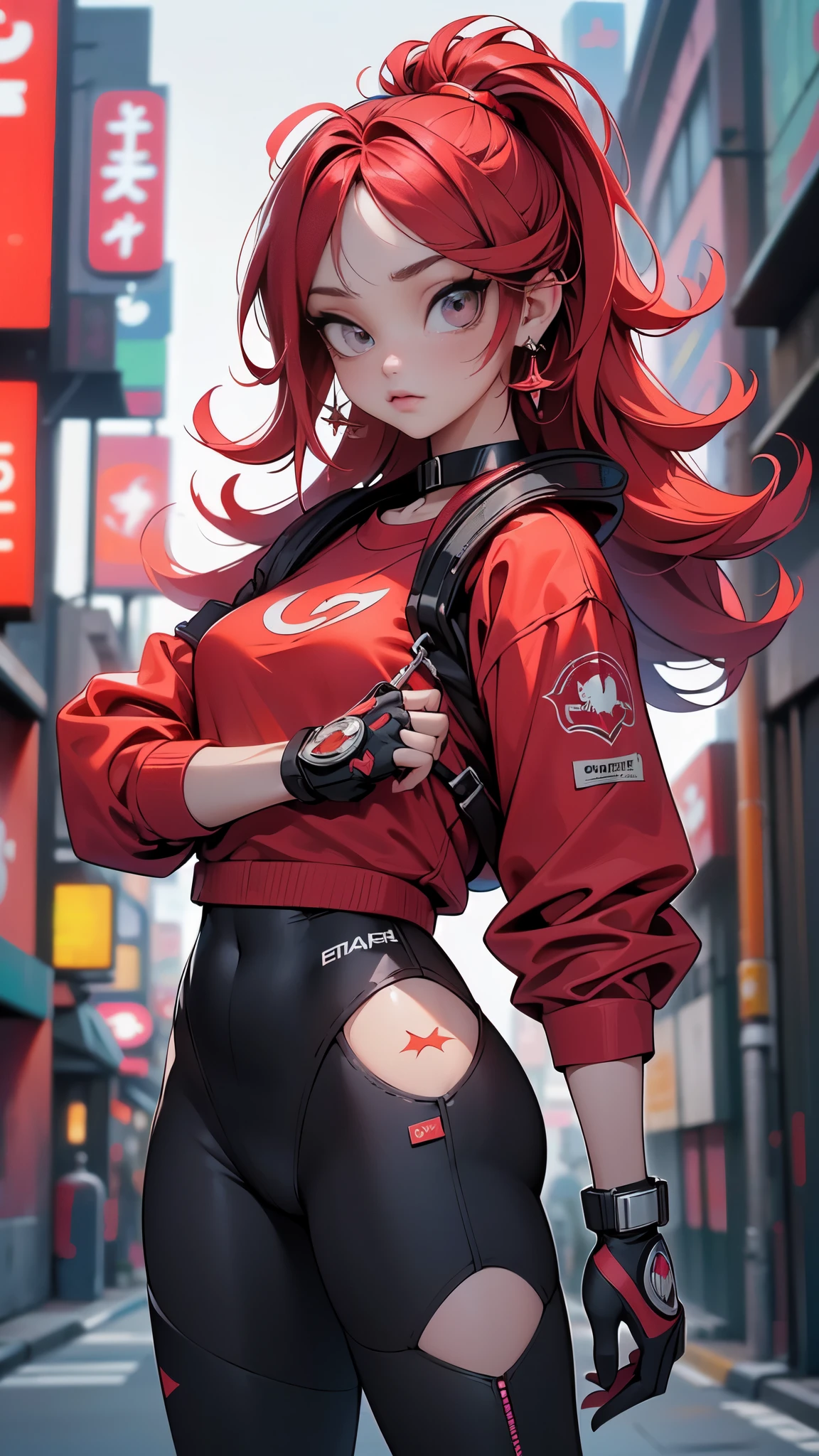 (La mejor calidad,A high resolution,Ultra - detallado,actual),Ariana Grande pechos medianos, leotard,( leotardo rojo con detalles en blanco:1.4) , sin mangas, Diafragma, piernas desnudas, botas, matching botas, esposas, (Tokyo city alley backdrop :1.4) , solo, Soltero, de pie, Toma de medio cuerpo , tiro de vaquero, (ojos hermosos rojos:1.4) , pelo medio, (Super Hero) , brillo, Encendiendo, light particles, More detailed 8K.motor irreal:1.4,HD,La mejor calidad:1.4, fotorrealista:1.4, textura de la piel:1.4, obra maestra:1.8,obra maestra, mejor calidad,objeto Objeto], (rasgos faciales detallados:1.3),(Las proporciones correctas),  (pose vaquero),( dedos detailed:1.4), ( ciberpunk 2.1),( estilo kawaii :1.4), (Cabello largo rojo kawaii :1.4) 