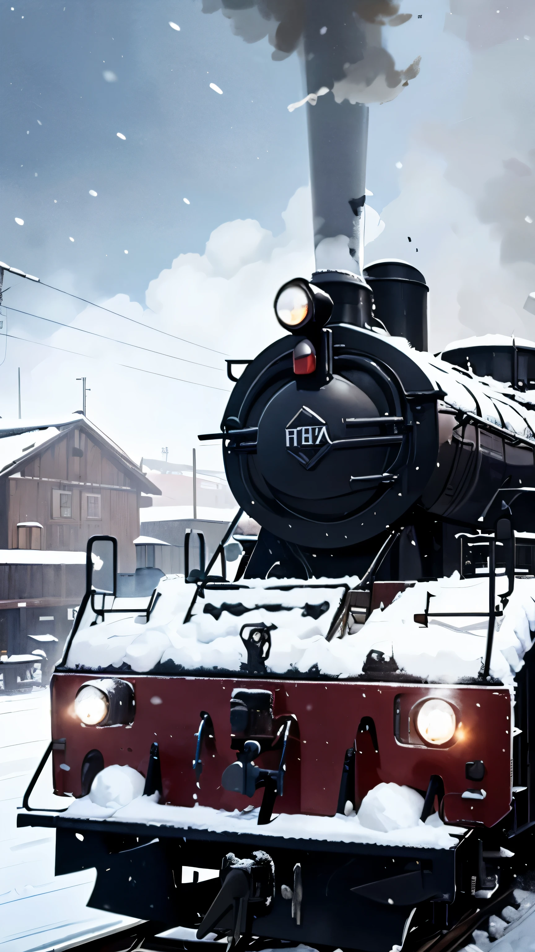 Smoke coming from locomotive center、headlight、native village、A cinematic scene、by Ghibli Studio、midynight、It snowed heavily、Snow blowing、snow cover、bigger、On the table,Best quality at best,Sketch style、