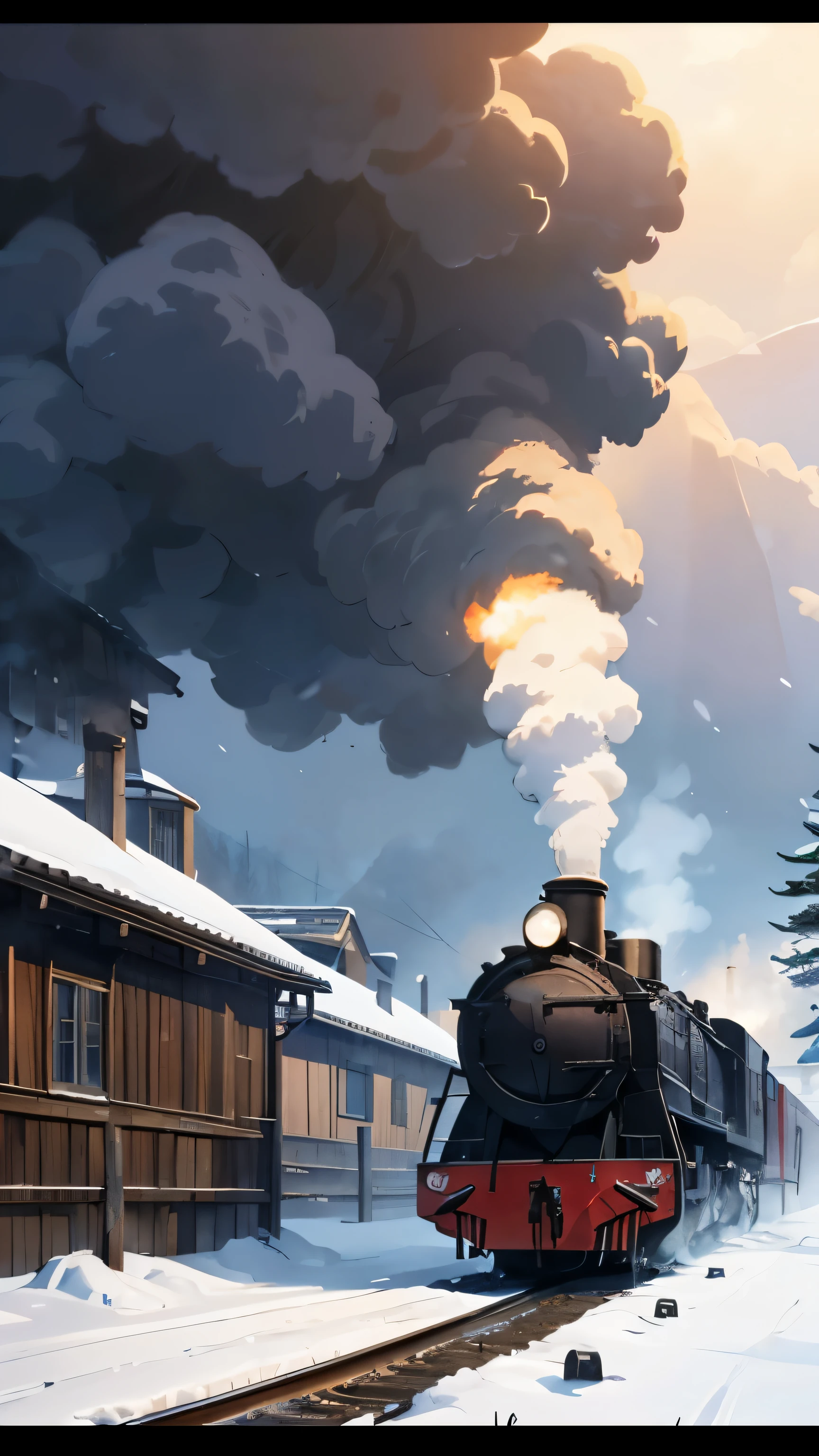 Smoke coming from locomotive center、headlight、native village、A cinematic scene、by Ghibli Studio、midynight、It snowed heavily、Snow blowing、snow cover、bigger、On the table,Best quality at best,Sketch style、