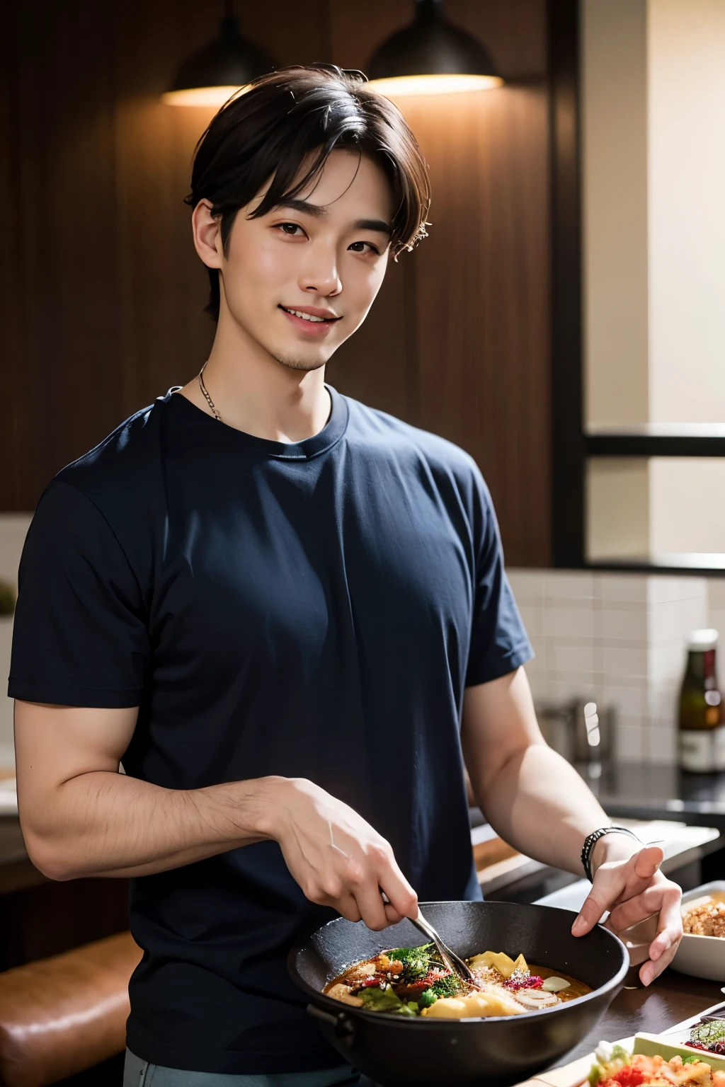highest quality, masterpiece, ultra high resolution, (realistic:1.4), RAW photo, 30 year old handsome Japanese man、good looking、short hair、Tshirt、smile、at the restaurant、meal、Cooking on the table