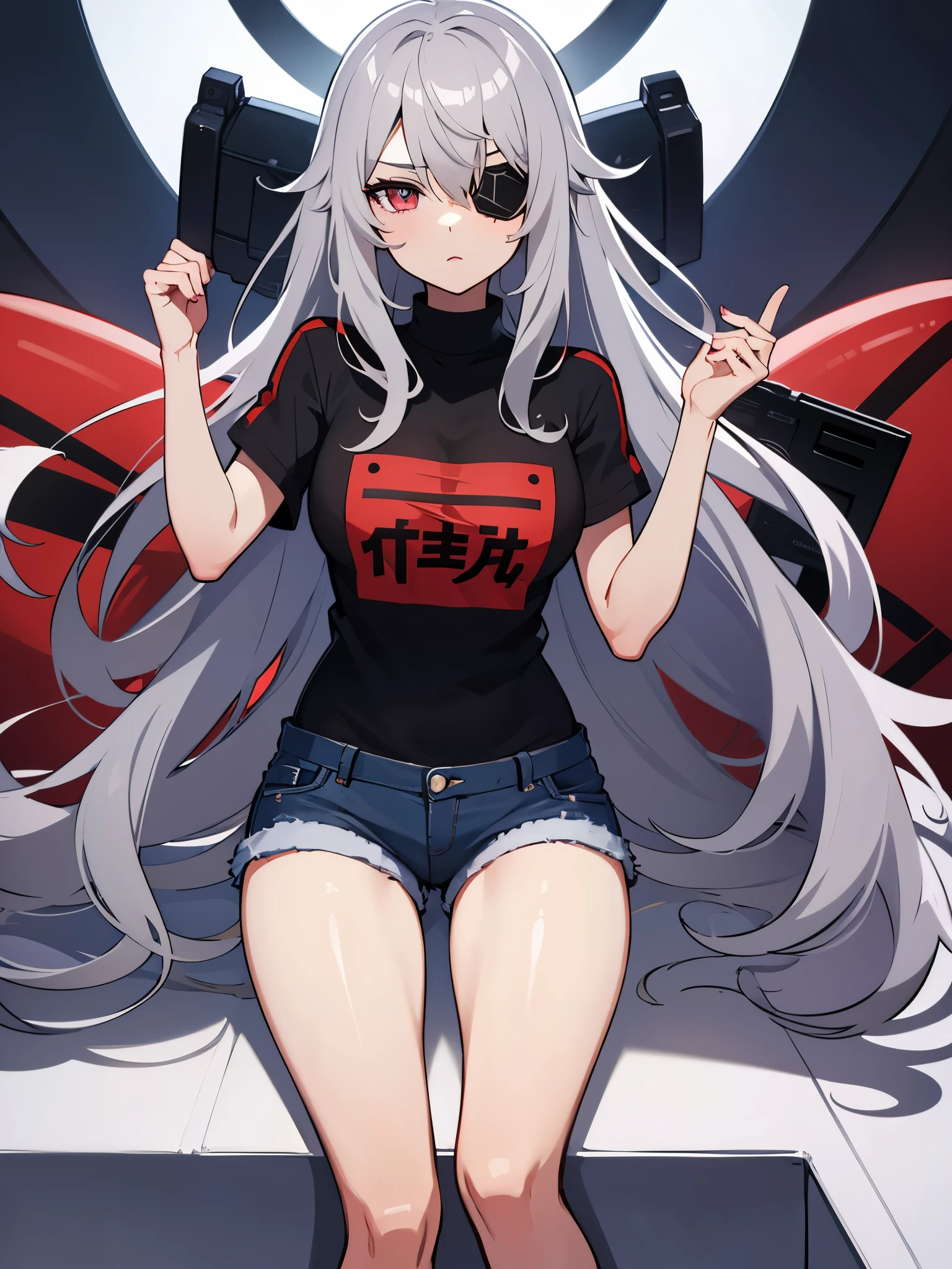 1girl, Laura bodewig, grey hair, infinite stratos, red eys, wearing black shirt, eyepatch, denim shorts, high res, ultrasharp, 8k, masterpiece, looking at viewer