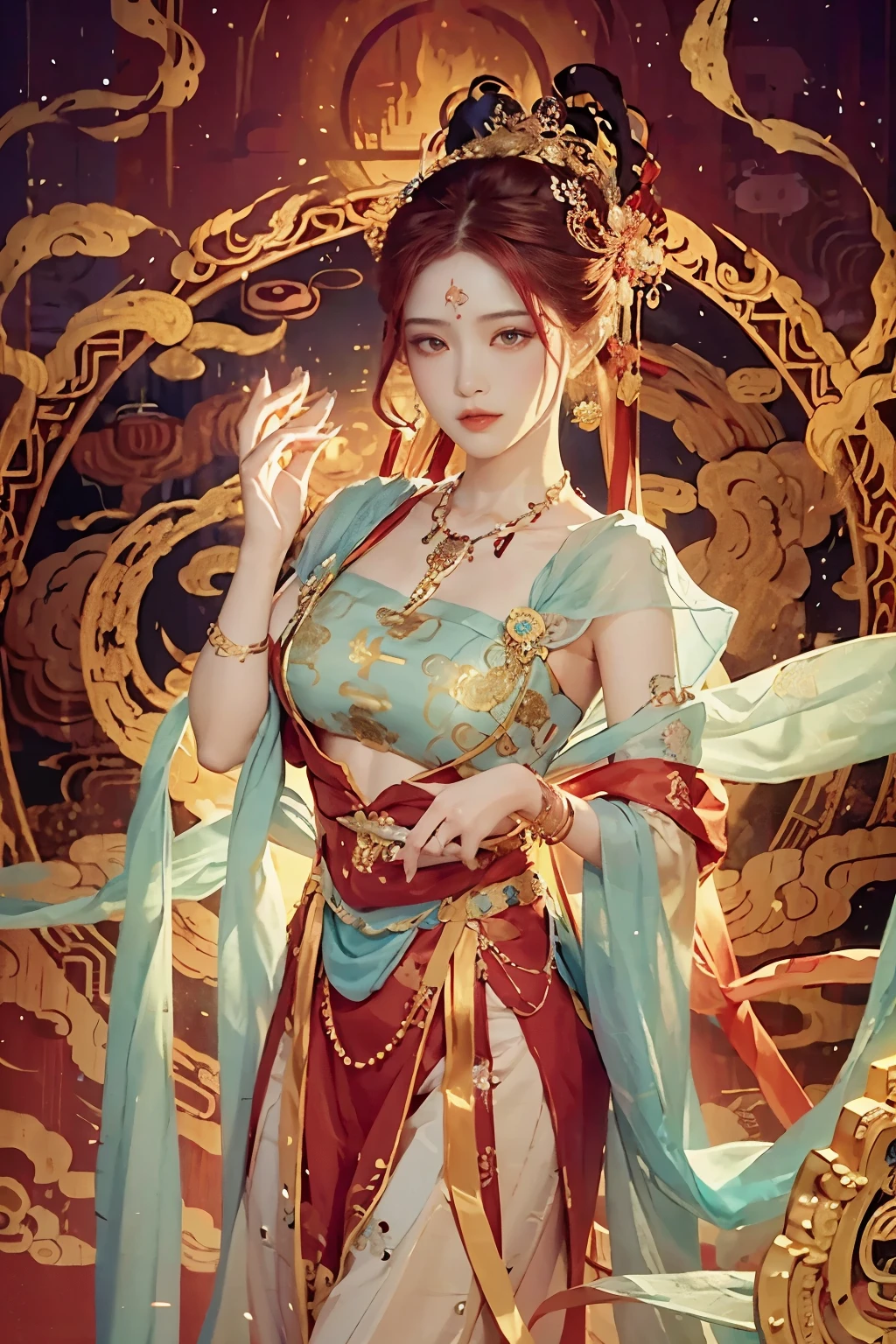A captivating girl dons a traditional Dunhuang dress, adorned with intricate patterns and vibrant colors, as she stands in the upper body portion of the frame, captured in a dynamic angle that showcases the elegance and grace of her long, flowing ruby-red hair. Surrounding her is a beautiful Chinese landscape, dotted with ancient temples, tranquil waters, and the mystical presence of a Chinese dragon. Bathed in perfect light, every detail of her dress shines, and the accessories she wears, such as the ruby necklace, add to the enchanting scene. The overall image exudes a sense of timeless beauty and rich cultural history.