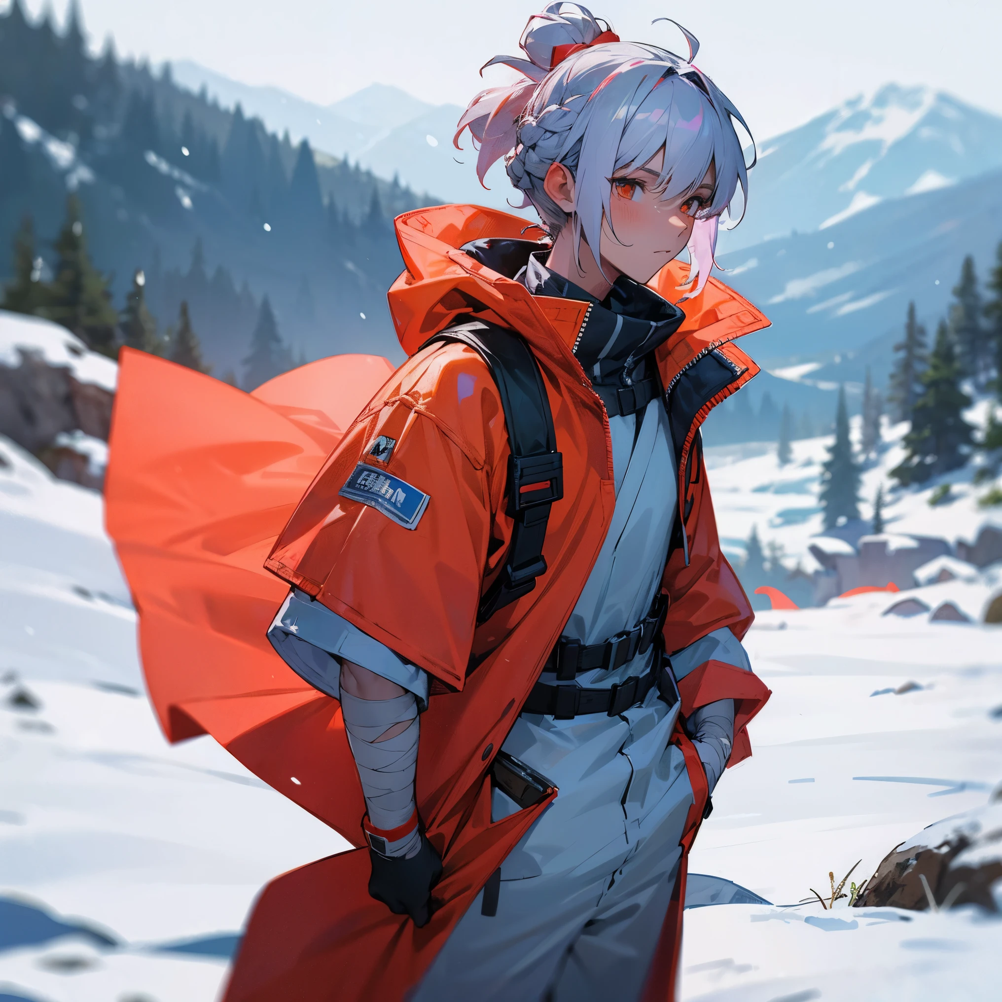 1male, young teen, tan skin, finely detailed coral eyes, medium messy hair with braided man bun, pale lavender hair color, snow suit, poncho, snowboard googles, bandages wrapped around arms, bandolier across chest, standing with hands in pocket, standing on snowy mountain trail, snowing