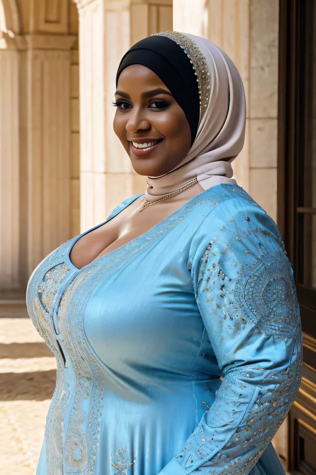 moda gorda, uma velhinha bonita, 60 anos de idade, (maduro), curvy body, (usando um hijab), (usando um lindo vestido), Realista, Gordinho, intricado, hyper Realista, 8K, intricadoly detailed, cinematic, stunning Realista photography, rosto perfeitamente detalhado, altamente detalhado, vibrante, pele natural, Textura de pele real, octane rendering, cabelo branco, (in a gorgeous palace), (Seios enormes:1.2), neckless, pulseiras, decote, maduro, It is, sorridente, Vista lateral