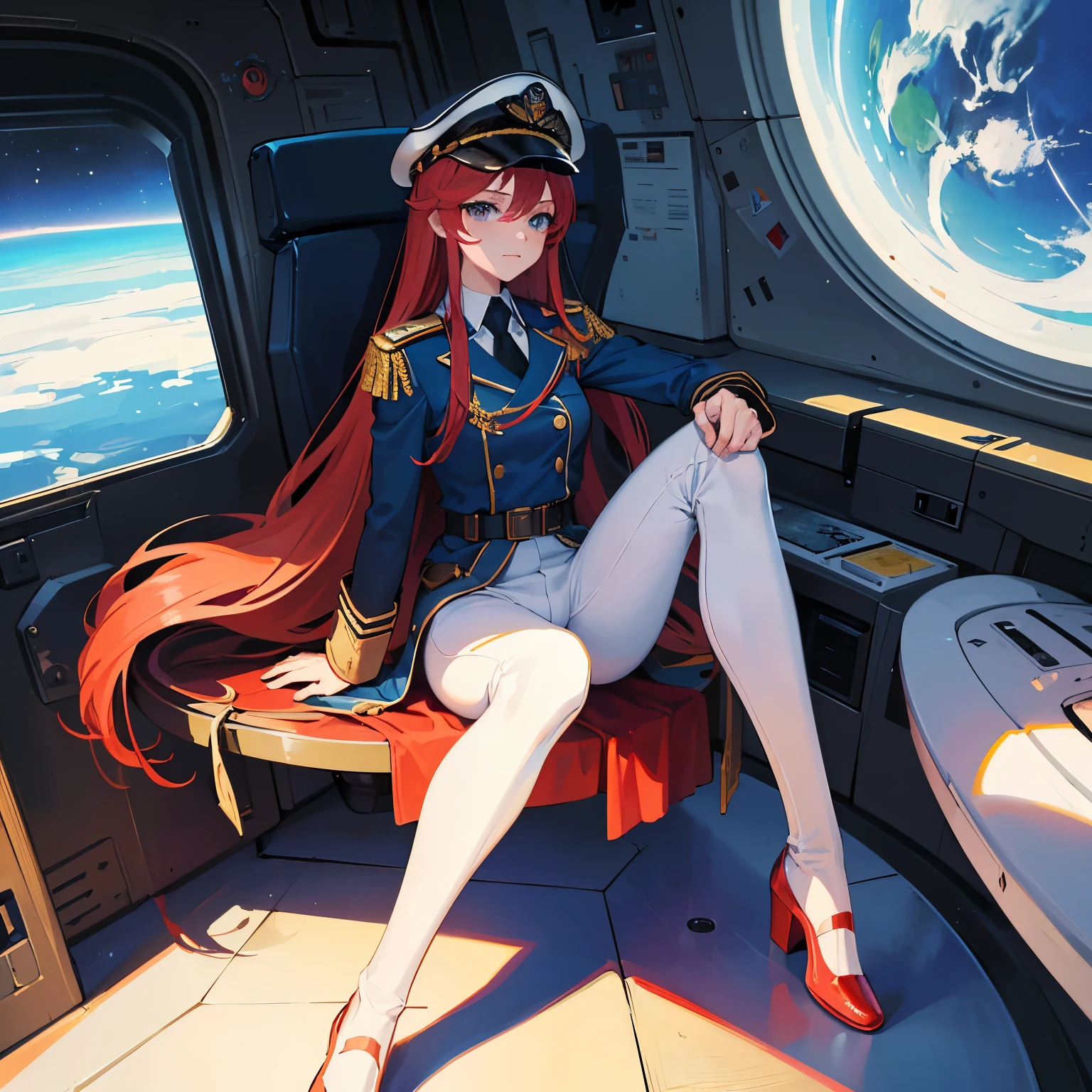 ((Masterpiece)), ((Highest Quality)), ((Best Quality)), (Illustration of One Girl), Full Body, 25 Years Old, Long Red Hair, (Thin Hair on Both Sides of the Face), Blue Eyes, (Tall)), ((Muscular Strong Body)), (Manspreading)), Open Legilitary Uniform)), (Military Hat)), ((Military Coat)), (White Clothes), (White Pants), (White Hat), Trench Coat, ((Inside the spaceship, sitting in the captain's seat)), (outside the window, space, Earth seen from space, spaceport)