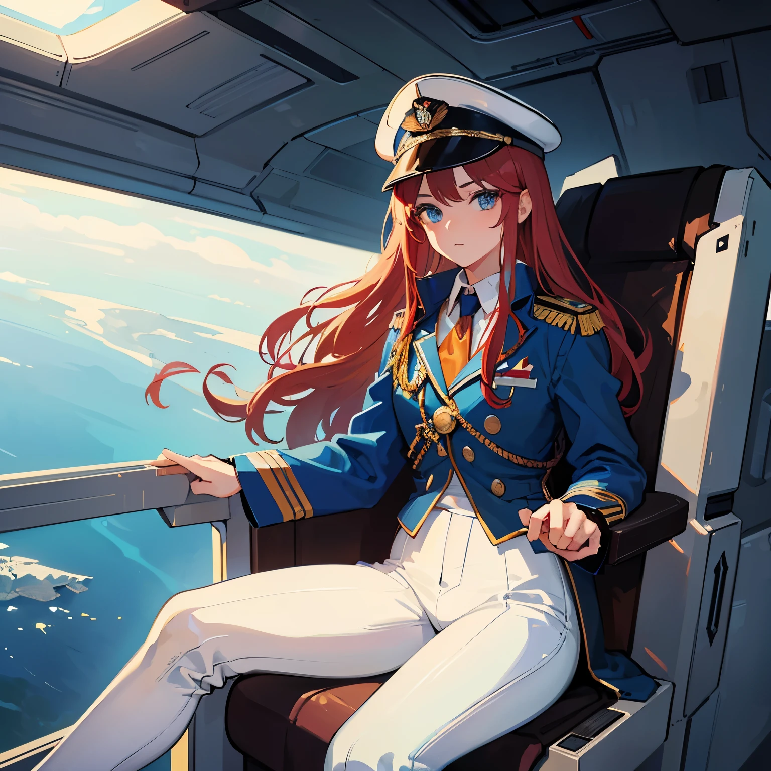 ((Masterpiece)), ((Highest Quality)), ((Best Quality)), (Illustration of One Girl), Full Body, 25 Years Old, Long Red Hair, (Thin Hair on Both Sides of the Face), Blue Eyes, (Tall)), ((Muscular Strong Body)), (Manspreading)), Open Legilitary Uniform)), (Military Hat)), ((Military Coat)), (White Clothes), (White Pants), (White Hat), Trench Coat, ((Inside the spaceship, sitting in the captain's seat)), (outside the window, space, Earth seen from space, spaceport)