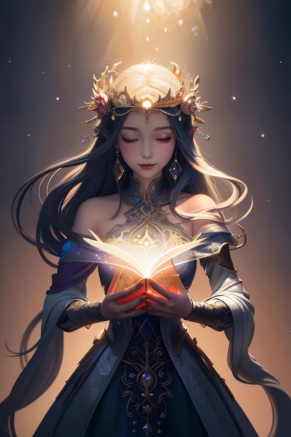 A woman wearing a crown with a magic book in her hand, art germ. anime illustration, extremely detailed art germ, art germ on artstation pixiv, WLOP | art germ, beautiful fantasy art, concept art | art germ, beautiful and elegant elf queen, Neo Artcore and Charlie Bowater, up to the model | art germ