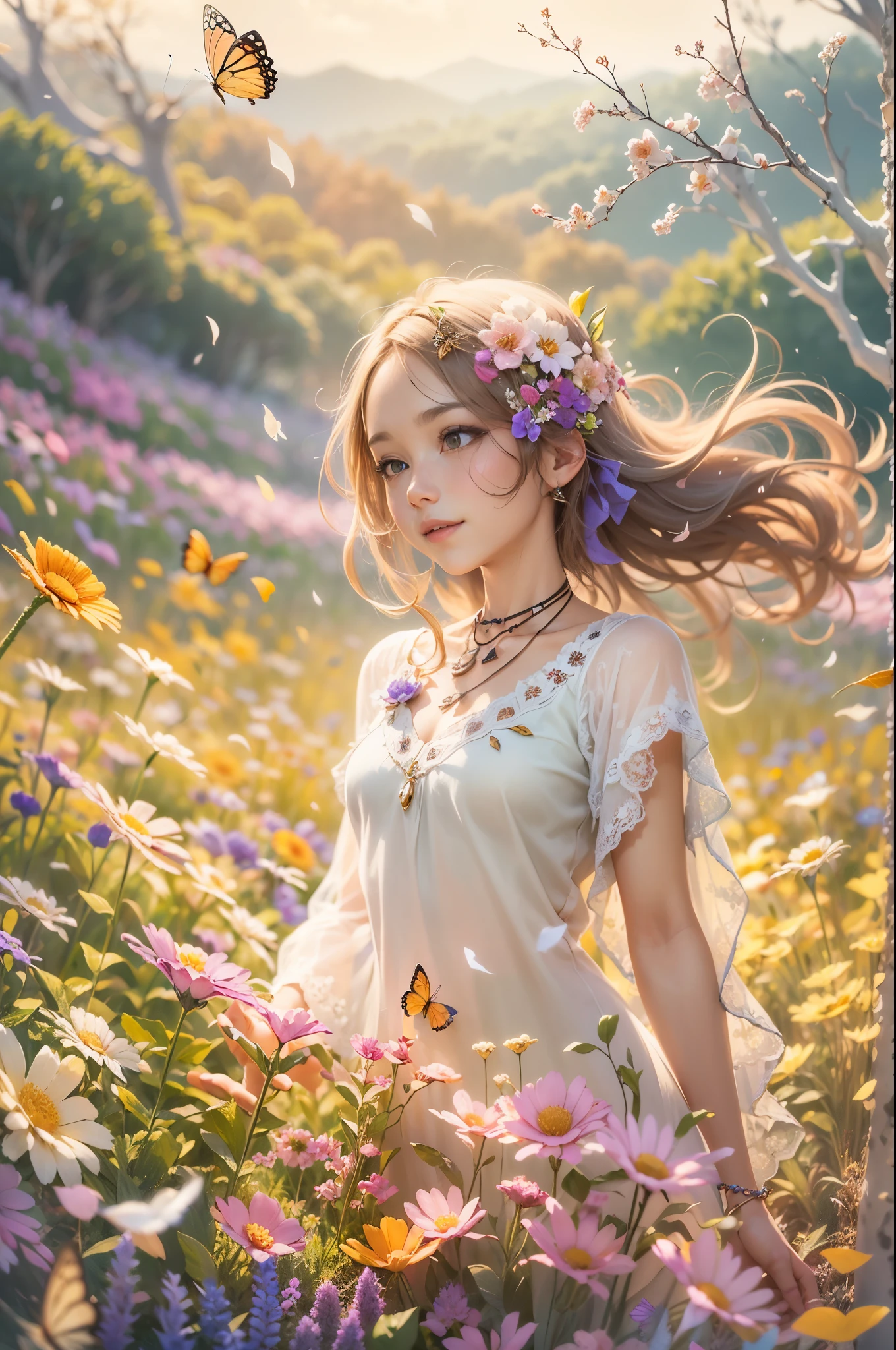 masterpiece, best quality, official art, extremely detailed CG unity 8k wallpaper, highly detailed, absurdres, Panorama, Depth of field, telephoto lens, angel, looking afar, looking away, skirt lift, in spring, sunset, rainbow, (((flower field))), (((flower sea))), Tyndall effect, (illustration),(paper figure),(lococo),((impasto)),(shiny skin), Magic Vortex, ((ink)),(water color),bloom effect,detailed beautiful grassland with petal,flower,butterfly,necklace,smile,petal,(((surrounded by heavy floating petal flow)))