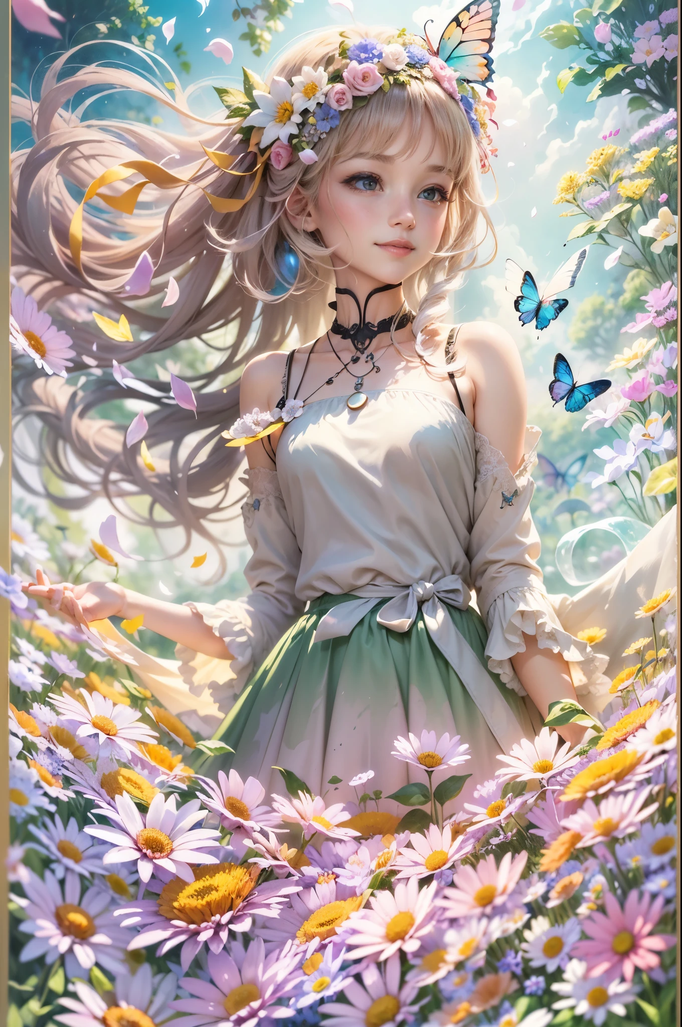masterpiece, best quality, official art, extremely detailed CG unity 8k wallpaper, highly detailed, absurdres, Panorama, Depth of field, telephoto lens, angel, looking afar, looking away, skirt lift, in spring, sunset, rainbow, (((flower field))), (((flower sea))), Tyndall effect, (illustration),(paper figure),(lococo),((impasto)),(shiny skin), Magic Vortex, ((ink)),(water color),bloom effect,detailed beautiful grassland with petal,flower,butterfly,necklace,smile,petal,(((surrounded by heavy floating petal flow)))