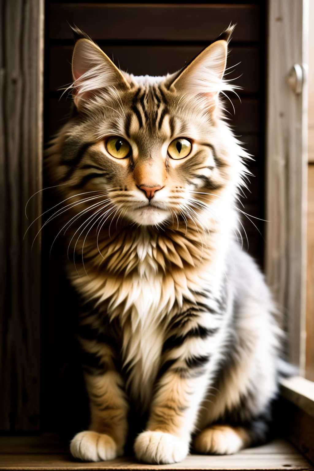 A Maine Coon cat with tabby gray fur sits calmly on an old wooden barn door, the sunlight streaming through the cracks casting a warm, golden glow on its majestic frame. The scene is captured through the lens of a vintage film camera, the 85mm focal length bringing every detail of the cat's luxurious coat and expressive eyes into sharp focus. Surrounding the cat, there is a clutter of digital equipment, signs of a passionate photographer's dedication to their craft. The image, filled with rich textures and intricate details, is a testament to the timeless beauty of both the cat and the art of film photography.
