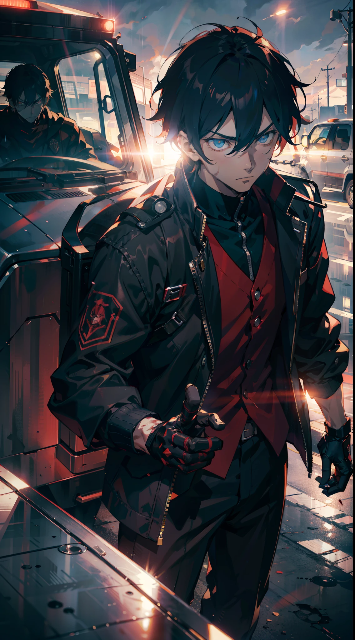 two boys, futuristic armored car, cinematic dark lighting manga anime focused on the look, murderous pose, light coming in focused on the face, dark, weather, masterpiece, anime, menacing gaze, menacing, blood perception, light, sky, anime colors