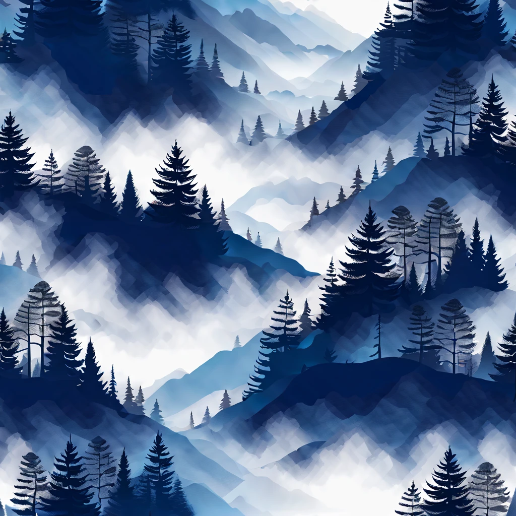 Heavy navy blue and white beluo blue misty forest mountain nature tree fabric landscape