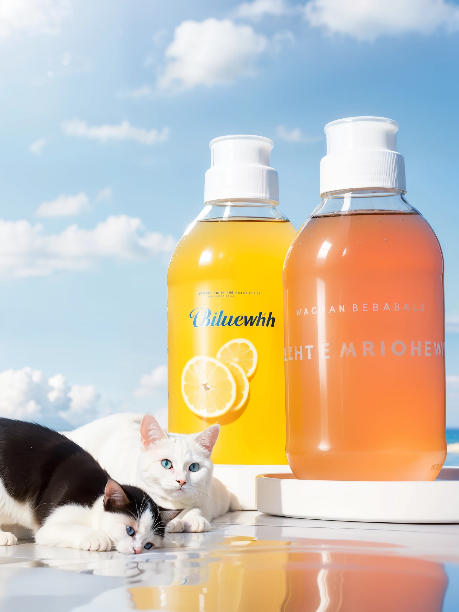 Mouthwash,Blue sky and white clouds background,There are white cats and dogs in the front eating from bowls,There are two bottles of drinks on two tables in the back.,There is a reflection in the picture