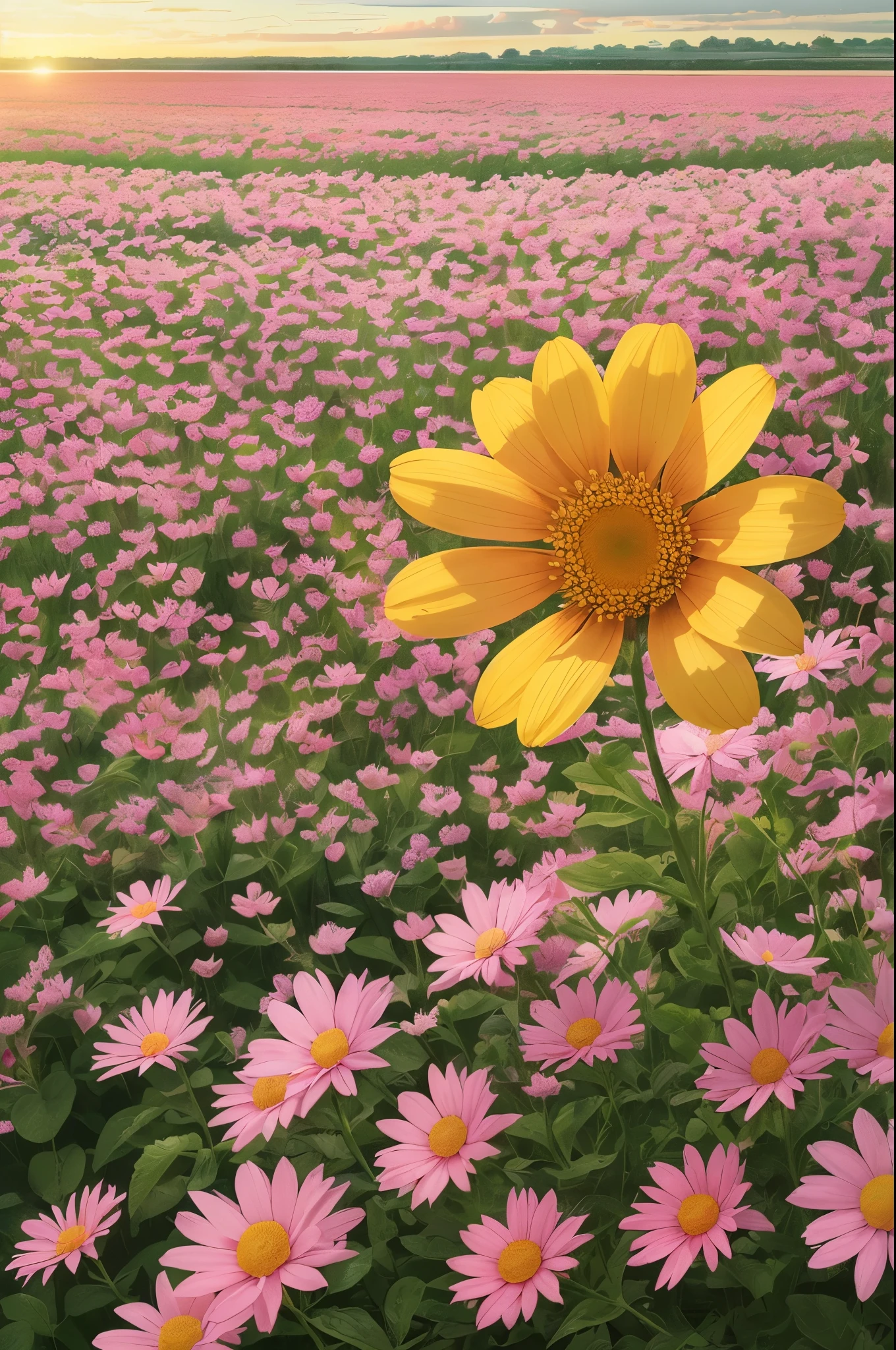 masterpiece, best quality, official art, extremely detailed CG unity 8k wallpaper, highly detailed, absurdres, Panorama, Depth of field, telephoto lens, angel, looking afar, looking away, skirt lift, in spring, sunset, rainbow, (((flower field))), (((flower sea))), Tyndall effect, (illustration),(paper figure),(lococo),((impasto)),(shiny skin), Magic Vortex, ((ink)),(water color),bloom effect,detailed beautiful grassland with petal,flower,butterfly,necklace,smile,petal,(((surrounded by heavy floating petal flow)))