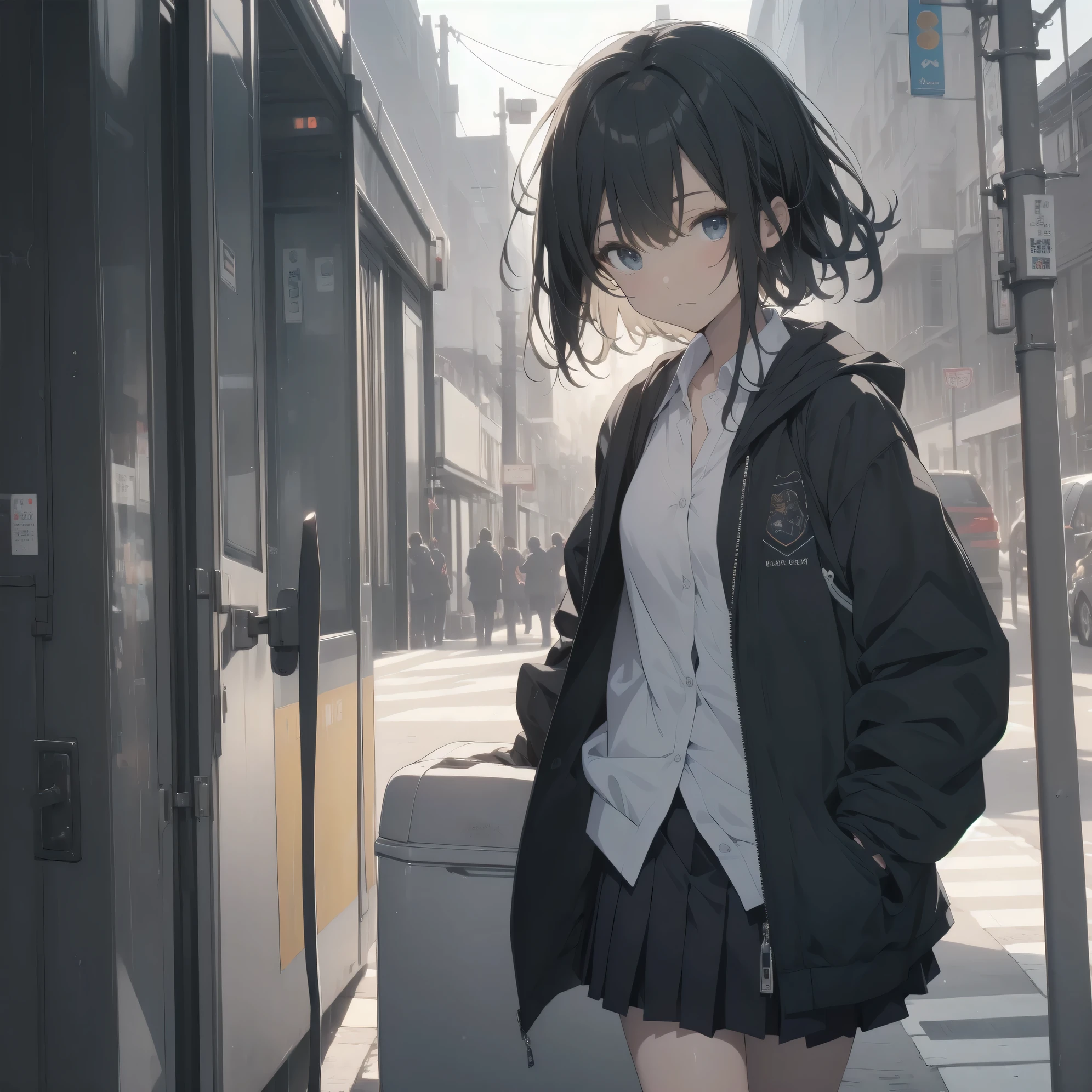 Super absurd quality by the god of art, super detailed, High resolution, anime moe art style, Best Anime 8K Kona-chan Wallpaper, pixiv contest winner, perfect anatomy, break,(眠そうにalone学校へ行く女の子を描いてください. )break,1 girl, (alone,little woman, baby face, 13 years old:1.3),All limbs, full finger,, The charm of an immature body, (very_short hair), bangs, flat chest, Small Bodysuits, small ass, between legs, small black eyes, detailed and beautiful eyes, Well-proportioned iris and pupils, expressive eyes, sleepy eyes, High resolutionの詳細な髪, hair ornaments, skirt, collared shirt,  pleated skirt, school uniform, school bag,(detailed lighting), (detailed background), On the way to school. break,super dense skin, Best movie lighting by famous artists, 8k,cute illustration,photoshop_(Moderate),Absurd Hi-Res,Hmm,rough skin