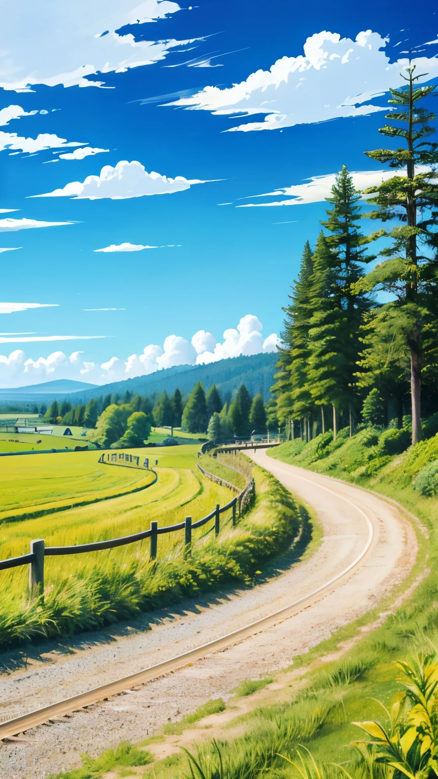 Realistic, authentic, beautiful and amazing landscape oil painting Studio Ghibli Hayao Miyazaki's petal grassland with blue sky and white clouds --v6