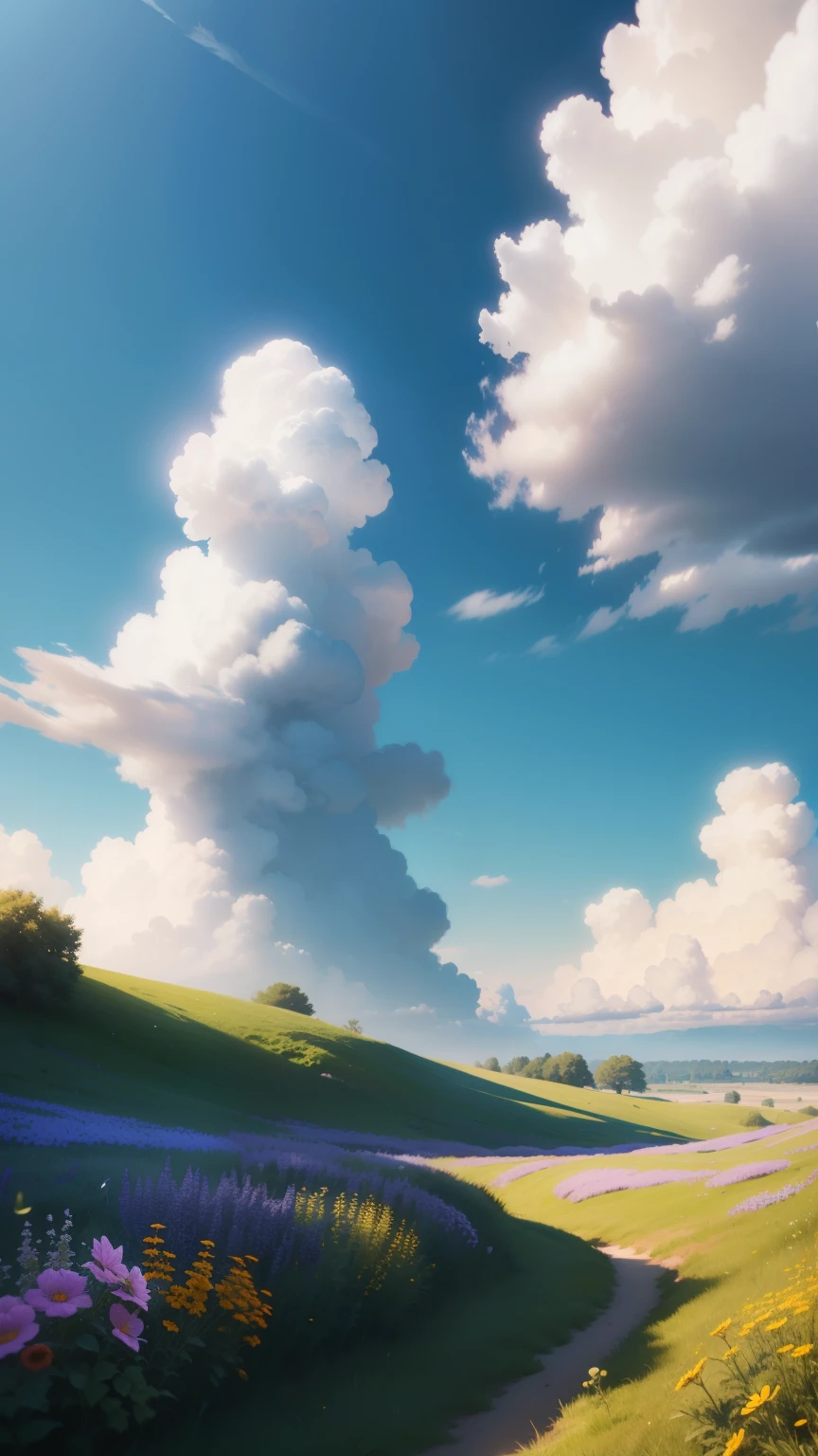 Summer. Sunny meadow with many flowers. Disney Pixar cartoon style. Photorealistic, cinematic, Octane render, 8K, Blue sky background with white clouds