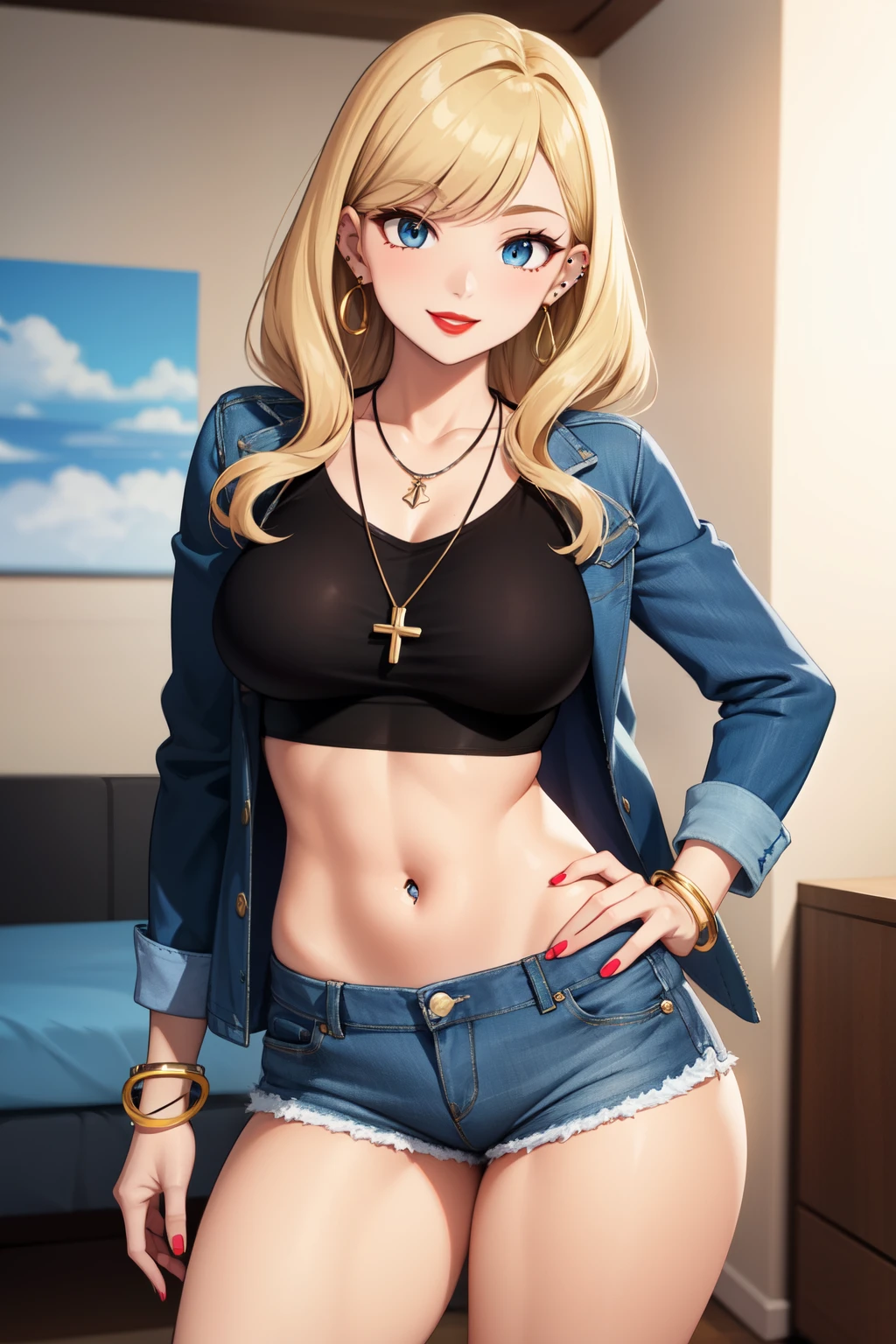 medium blonde hair,, bangs, blue eyes, red lipstick, smile, piercings, earrings, bracelets, necklace, peitos grandes, Red _nails, top tube preto, rosto detalhado, pernas grandes, shorts jeans, jacket,, Dentro de casa, mature woman,, (melhor qualidade:0.8), (obra de arte), right hand on waist, cintura fina, pernas cruzadas, ombros nus