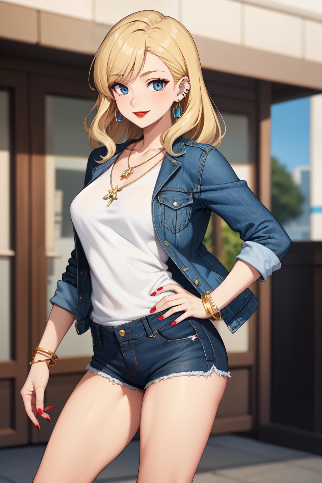 medium blonde hair,, bangs, blue eyes, red lipstick, smile, piercings, earrings, bracelets, necklace, peitos grandes, Red _nails, top tube preto, rosto detalhado, pernas grandes, shorts jeans, jacket,, Dentro de casa, mature woman,, (melhor qualidade:0.8), (obra de arte), right hand on waist, cintura fina, pernas cruzadas, ombros nus