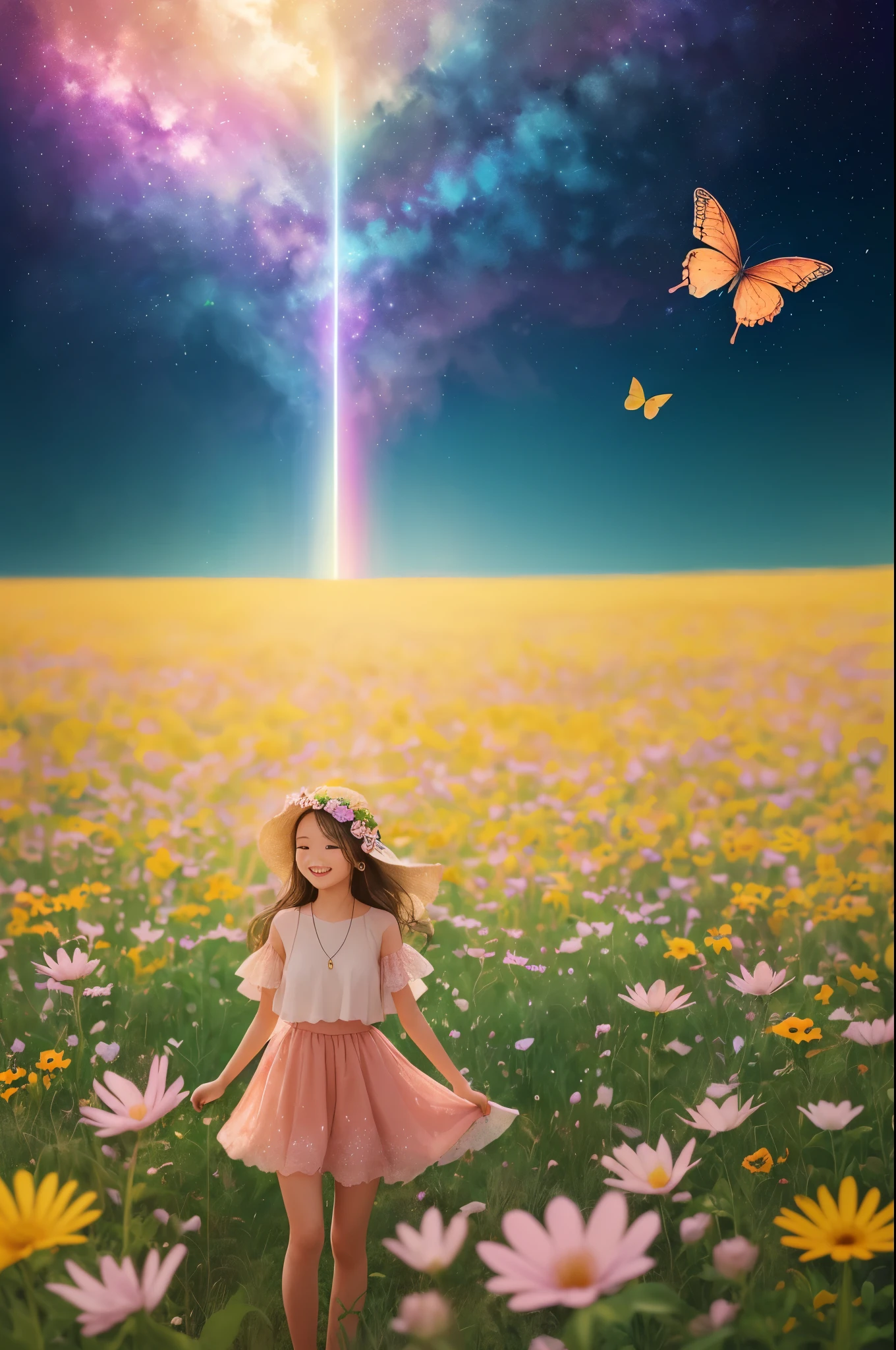masterpiece, best quality, official art, extremely detailed CG unity 8k wallpaper, highly detailed, absurdres, Panorama, Depth of field, telephoto lens, angel, looking afar, looking away, skirt lift, in spring, sunset, rainbow, (((flower field))), (((flower sea))), Tyndall effect, (illustration),(paper figure),(lococo),((impasto)),(shiny skin), Magic Vortex, ((ink)),(water color),bloom effect,detailed beautiful grassland with petal,flower,butterfly,necklace,smile,petal,(((surrounded by heavy floating petal flow)))