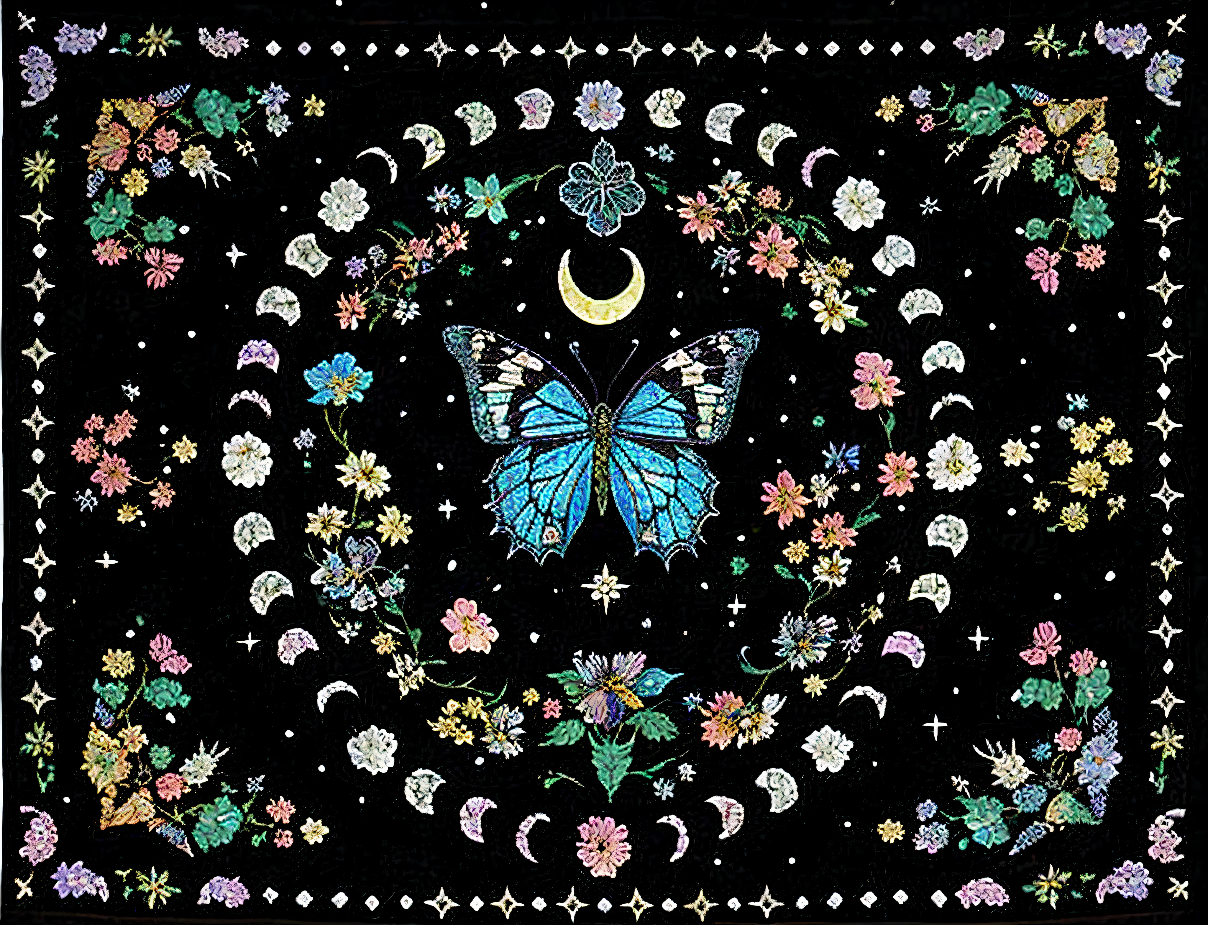 Close-up of quilt with butterflies and flowers, author:Morgan Russell, ✨🕌🌙, author:Laura Wheeler Wallin, author:Jesse Alexandra , Wearing psychedelic witchcraft, author:Li Tingting, The mysterious alchemy of aesthetics, author:Carey Morris, author:Judith Brown, Complex arcane sorcery designs, author:Lisa Milroy, country core hippie