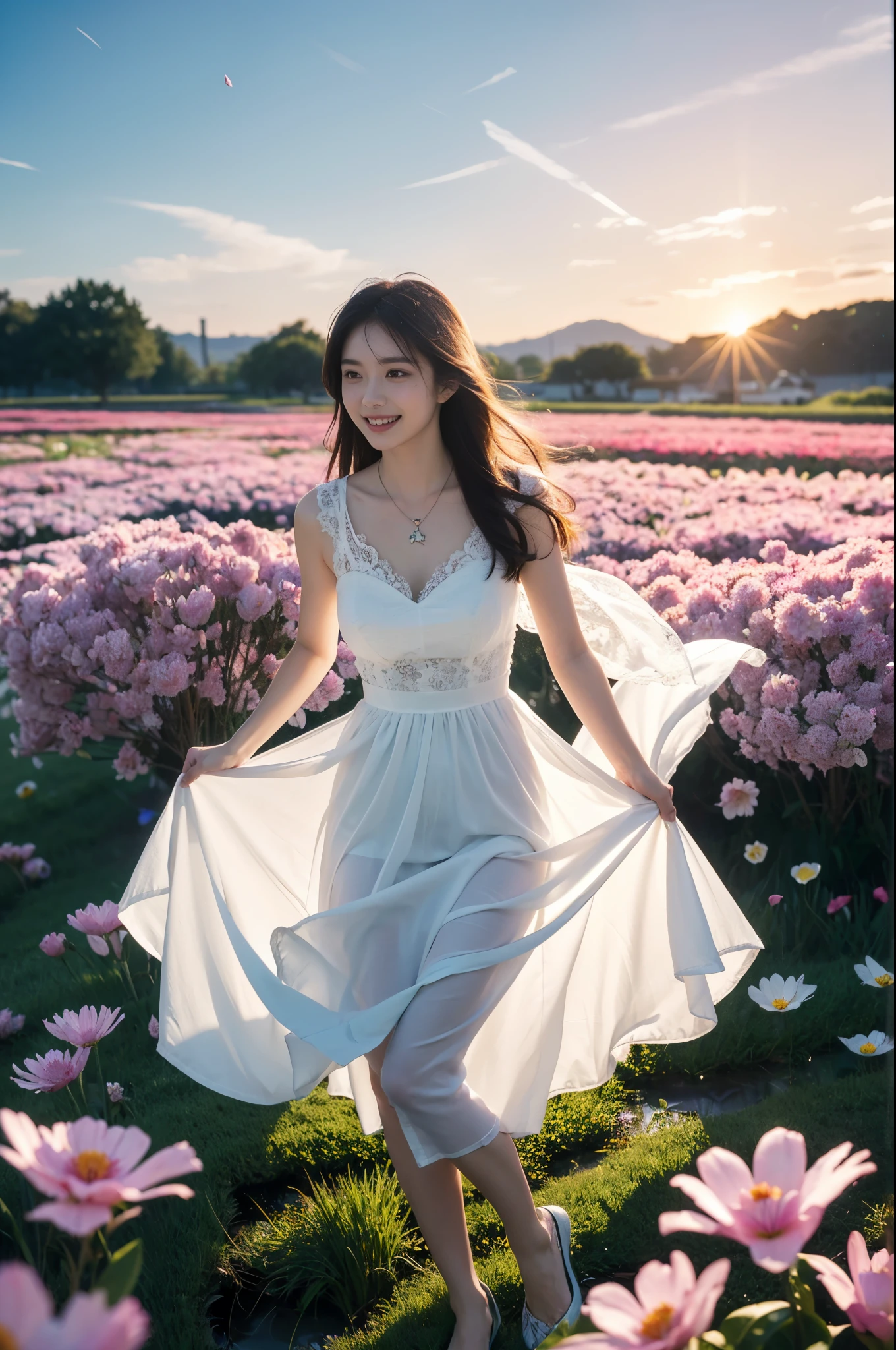 (best quality,4k,8k,highres,masterpiece:1.2),ultra-detailed,(realistic,photorealistic,photo-realistic:1.37),A girl surrounded by beautiful plum blossoms,soft petals,delicate details,pale pink flowers,fragrant aroma,serene expression,long dark hair with a hint of a breeze,sparkling eyes reflecting the sunlight,rosy cheeks,gentle smile,flowing dress in shades of white and pink,graceful posture,standing near a small stream,golden sunlight filtering through the trees,casting dappled shadows on the ground,butterflies fluttering around her,capturing the beauty of the moment,hint of a serene garden in the background,whisper of distant birdsong,creating a tranquil atmosphere.