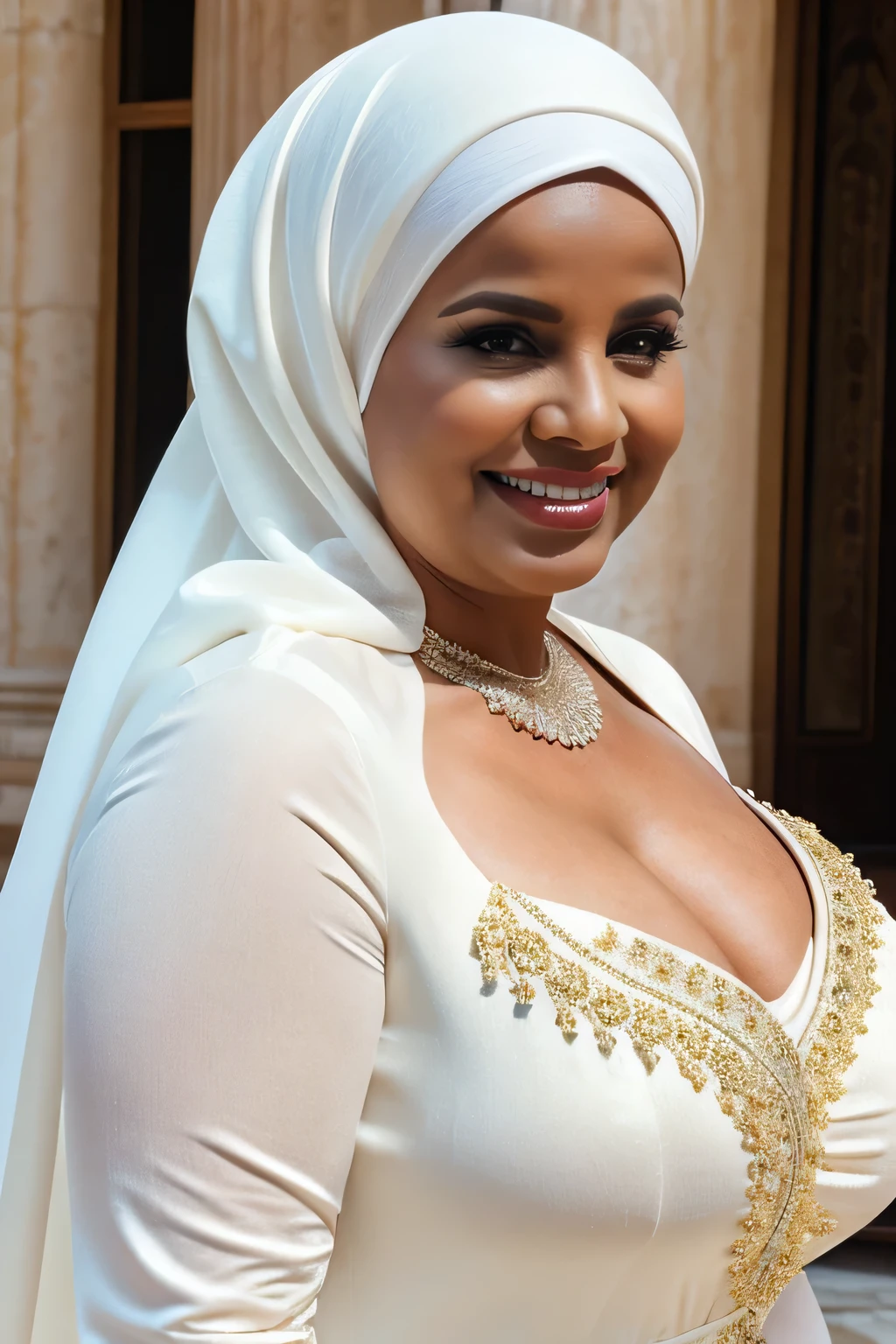 moda gorda, uma velhinha bonita, 60 anos de idade, (maduro), curvy body, (vestindo um hijab branco), (usando um lindo vestido), Realista, Gordinho, intricado, hyper Realista, 8K, intricadoly detailed, cinematic, stunning Realista photography, rosto perfeitamente detalhado, altamente detalhado, vibrante, pele natural, Textura de pele real, octane rendering, bronde hair, (in a gorgeous palace), (Seios enormes:1.2), neckless, pulseiras, decote, maduro, It is, sorridente, Vista lateral, sensual position