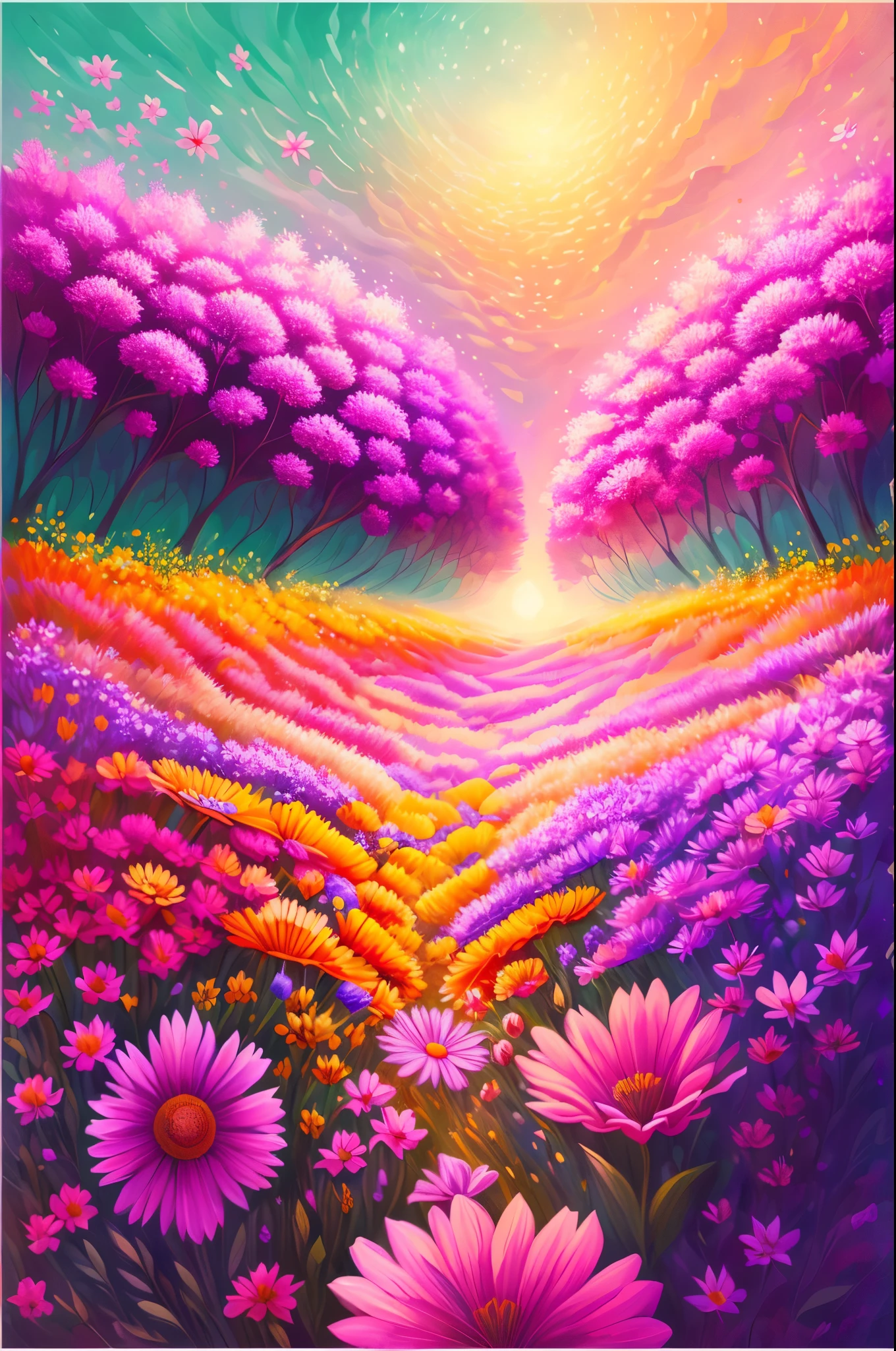 masterpiece, best quality, official art, extremely detailed CG unity 8k wallpaper, highly detailed, absurdres, Panorama, Depth of field, telephoto lens, angel, looking afar, looking away, skirt lift, in spring, sunset, rainbow, (((flower field))), (((flower sea))), Tyndall effect, (illustration),(paper figure),(lococo),((impasto)),(shiny skin), Magic Vortex, ((ink)),(water color),bloom effect,detailed beautiful grassland with petal,flower,butterfly,necklace,smile,petal,(((surrounded by heavy floating petal flow)))