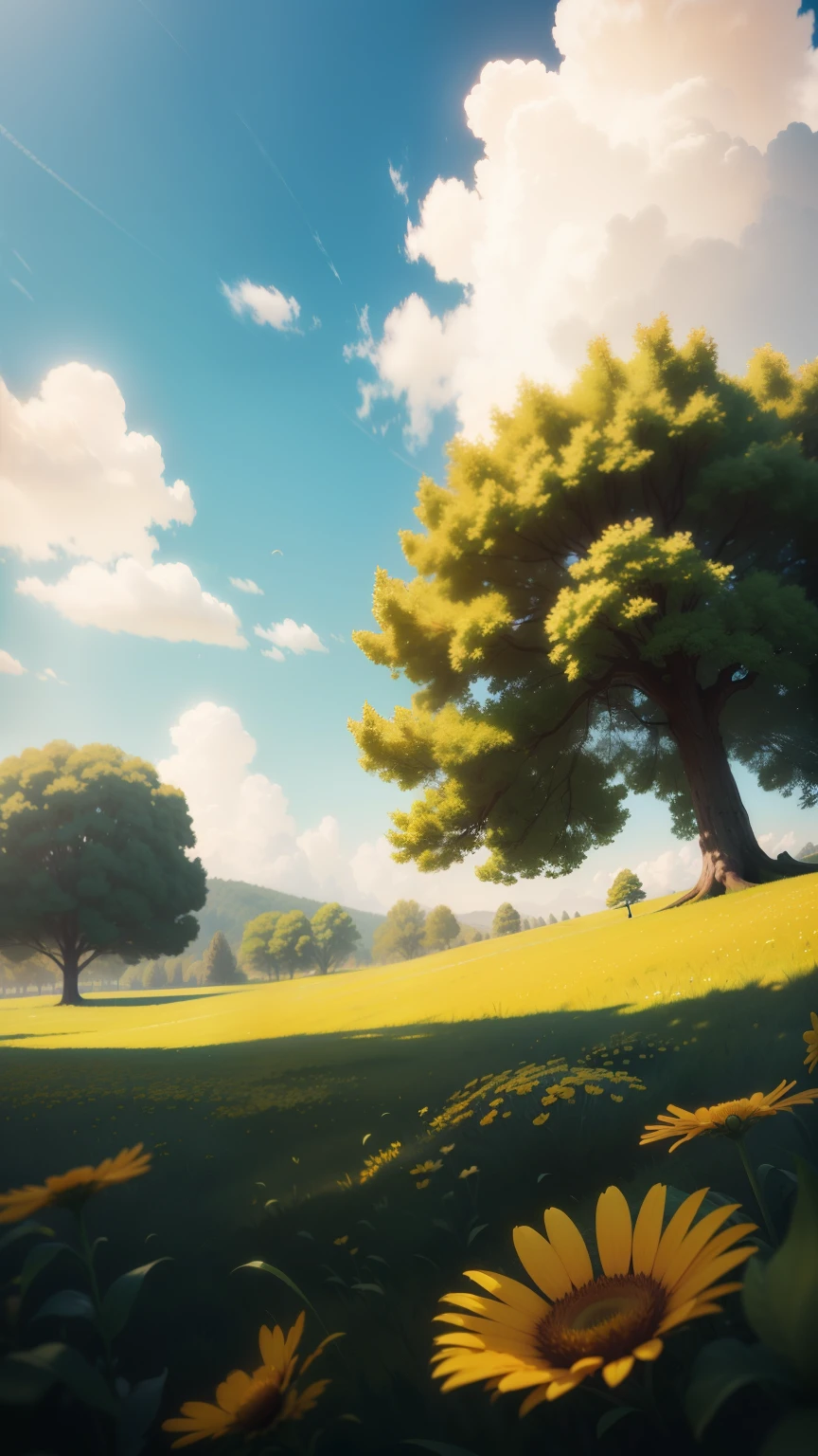 Summer. Sunny meadow with many flowers. Disney Pixar cartoon style. Photorealistic, cinematic, Octane render, 8K, Blue sky background with white clouds  