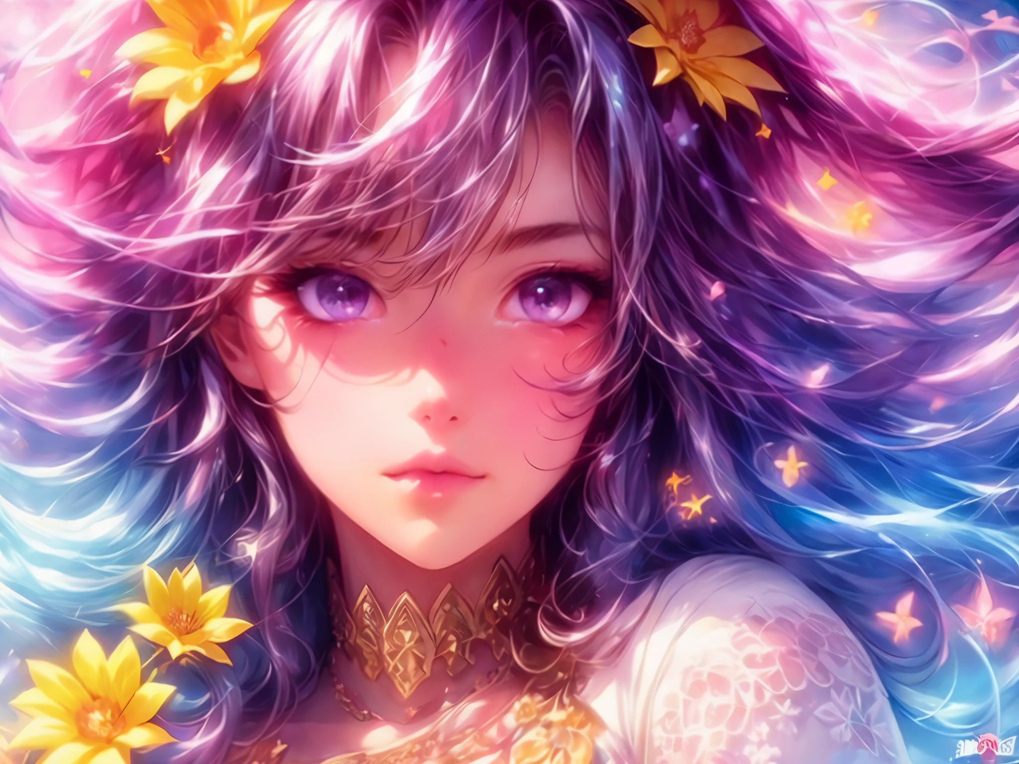 a girl in a sea of flowers,illustration,beautiful detailed eyes,beautiful detailed lips,extremely detailed eyes and face,long eyelashes,medium:flowers, vibrant colors,soft lighting