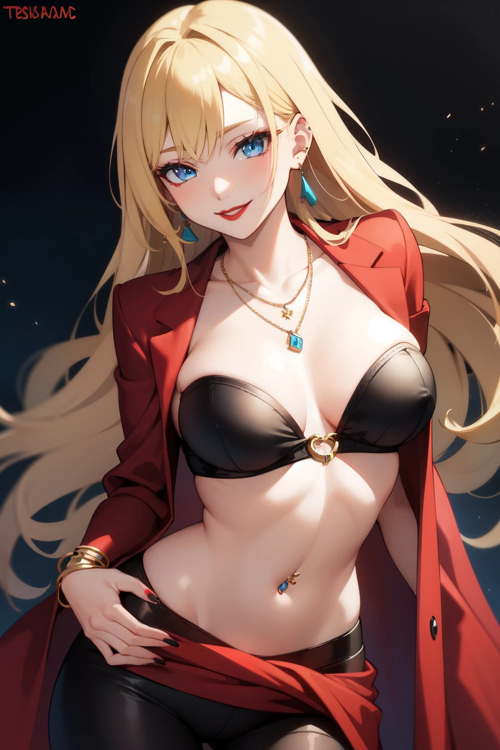 long blonde hair,, bangs, blue eyes, red lipstick, smile, sexy position, piercings, earrings, bracelets, necklace, medium breasts, Red _nails,, , hands on the waist,tsumare_eyes, dramatic colors