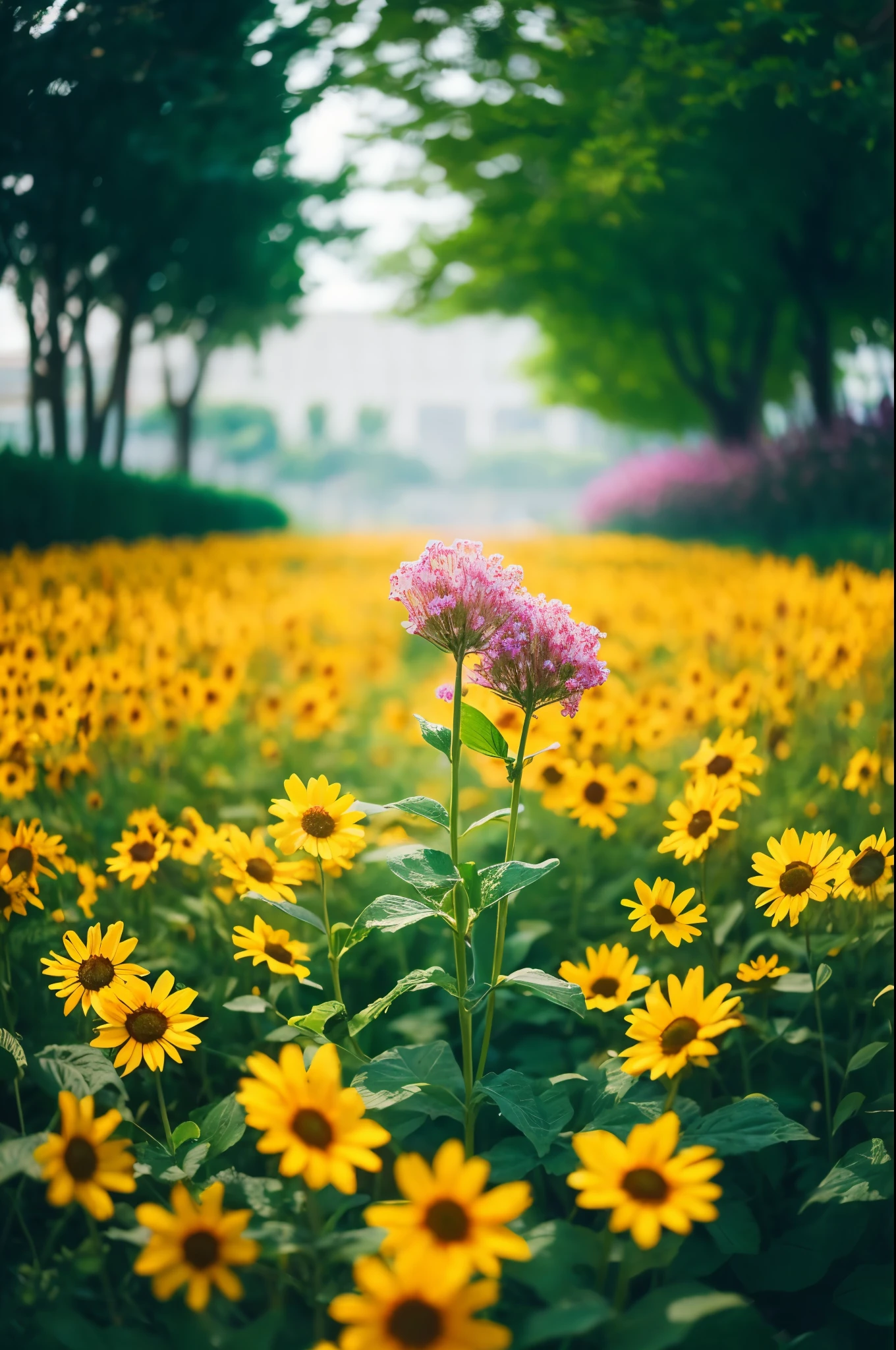 flower field, flower sea, flower, holding flower, vibrant colors, ethereal lighting, impressionist style