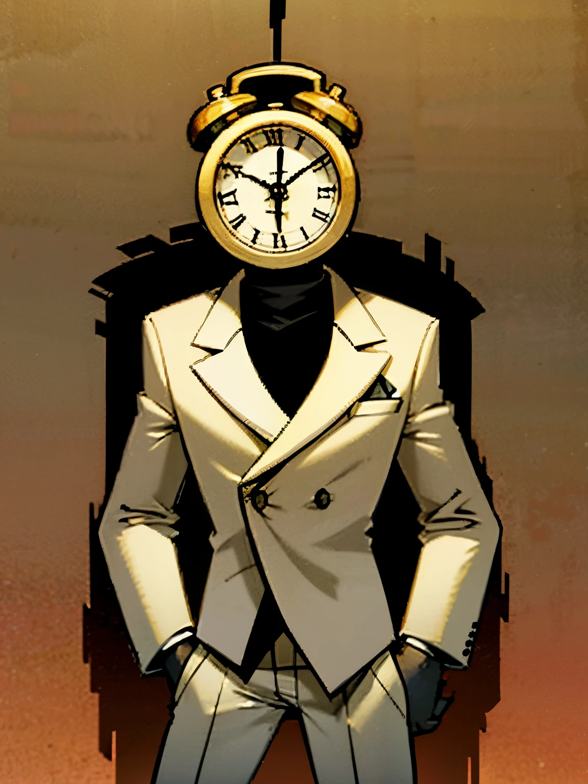 1man, beige suit, headless, clock  head, no neck, silver skin, no eyes. God complex, calm, collected. Dessert background.