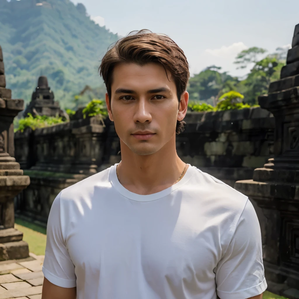 ((masterpiece)),((best quality)),((high detail)),((realistic,)) Dankato Pawn handsome man with short hair wearing white t shirt and green jacket stand at Borobudur temple, Indonesia, hdr, hyperdetailed