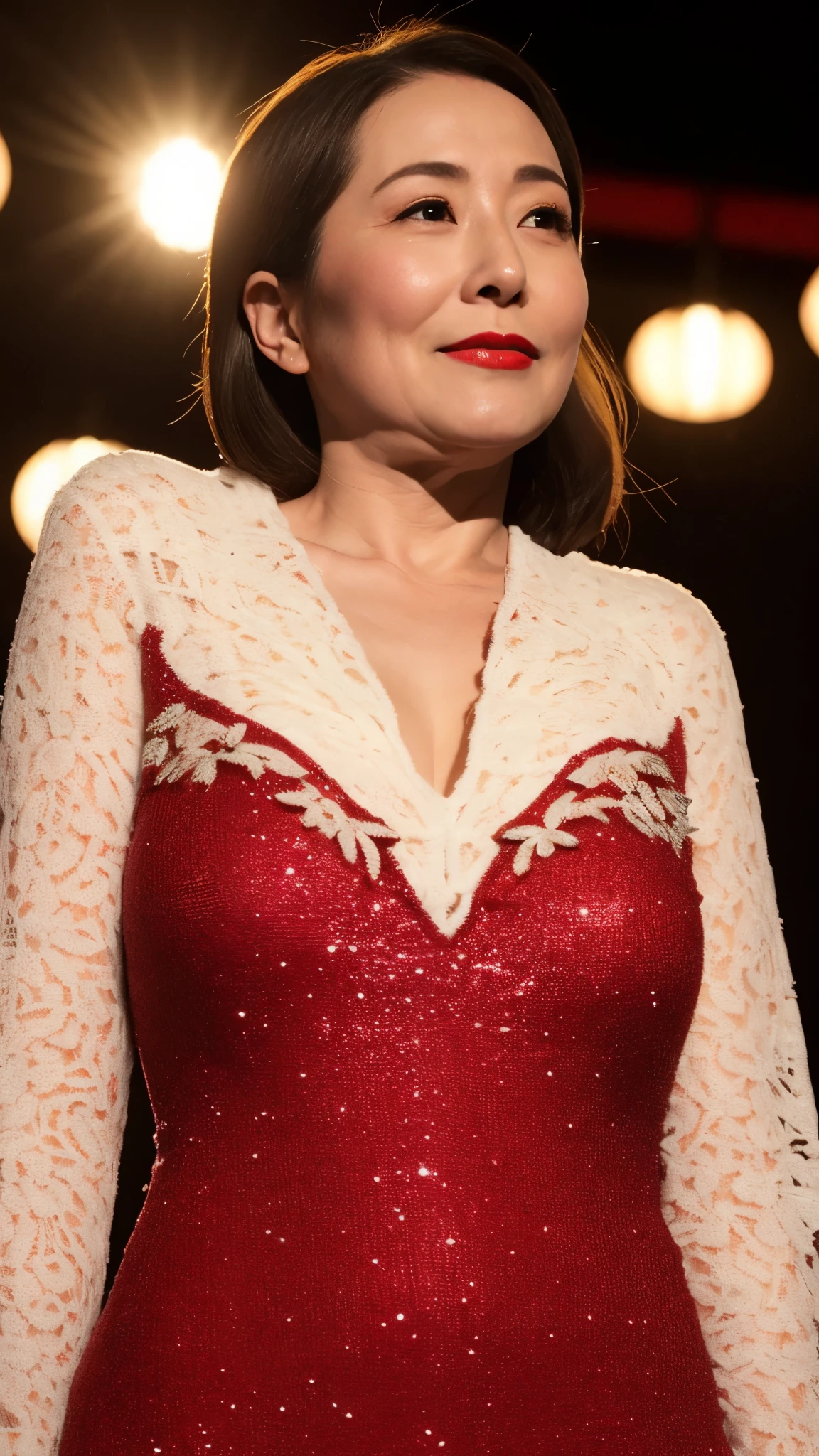 in the spotlight, photorealistic, gravure, facing the front, ((red lips)), flashy makeup, from the chest up, masterpiece, highest quality, Super detailed, realistic, super dense skin, perfect anatomy, (1 Japan), (alone), 100 years old, big breasts, mature politician, Glamour, sexy, pure white skin, looking at the viewer,