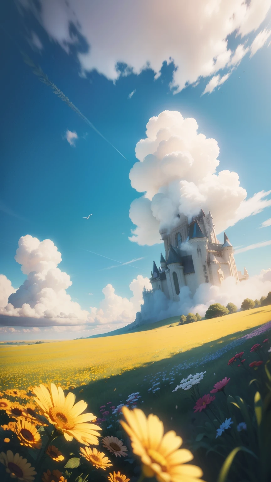 Summer. Sunny meadow with many flowers. Disney Pixar cartoon style. Photorealistic, cinematic, Octane render, 8K, Blue sky background with white clouds  