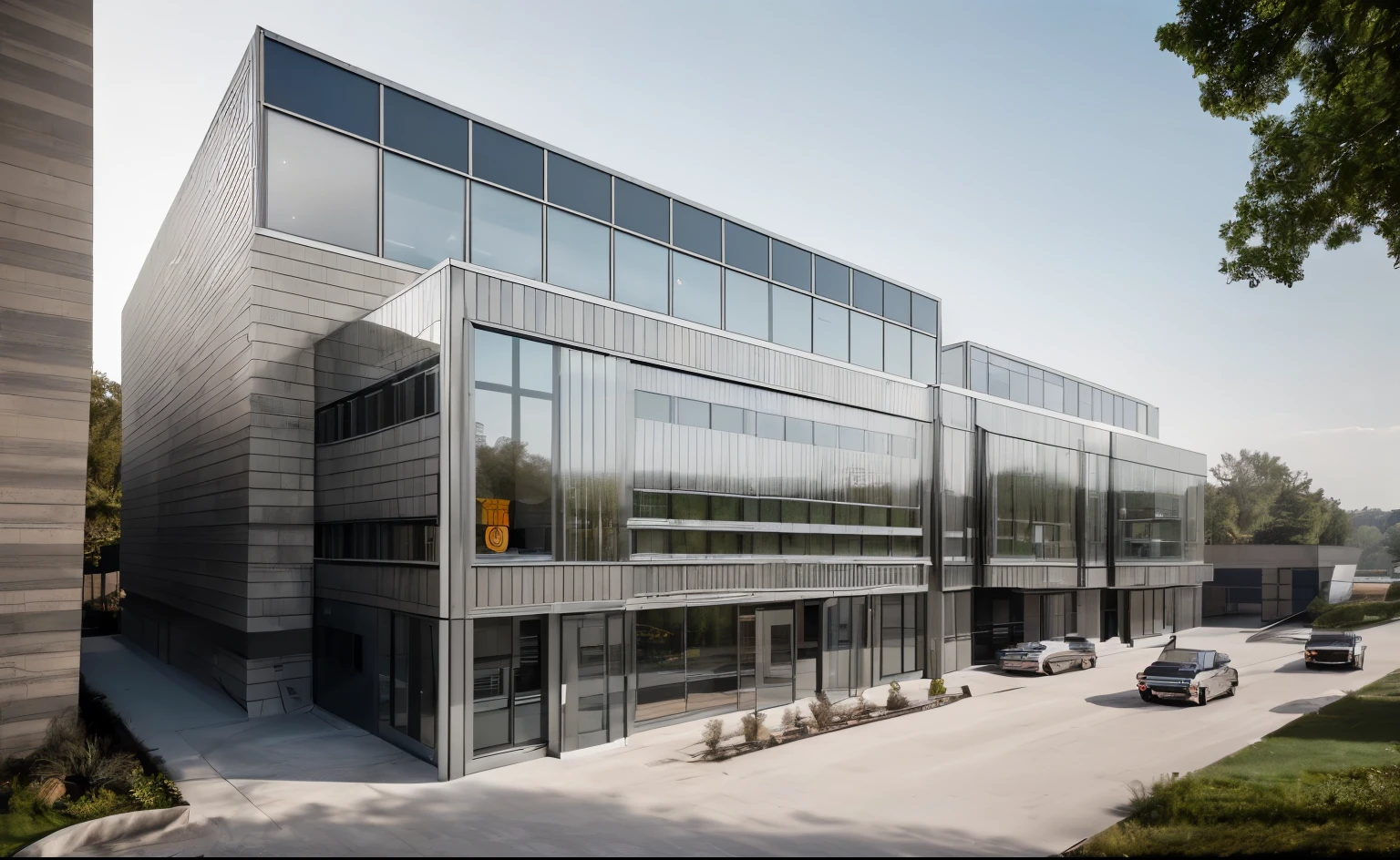 RAW photo, Masterpiece, high quality, best quality, authentic, super detailed,((Factory, modern cubic architecture, facade using glass and steel structure, aluminum, daylight, archdaily architecture, (high detail: 1.2), 8k uhd, dslr, soft light, high quality, film grain, Fujifilm XT3